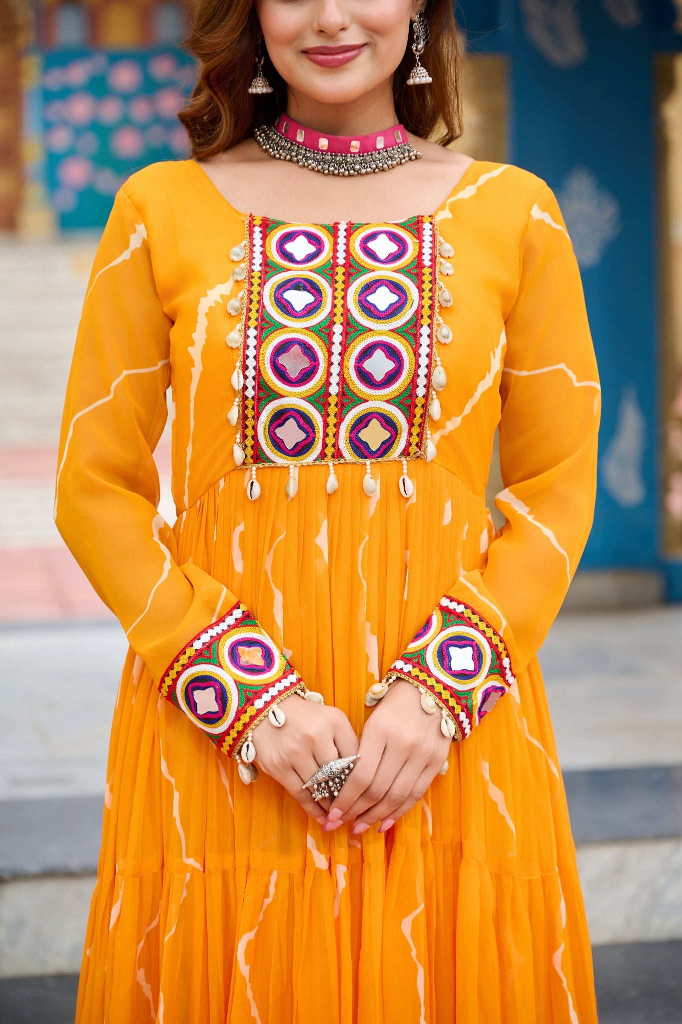 Stunning Laheriya Print With Kutchi Patch Work Georgette Stylish Navratri Gown