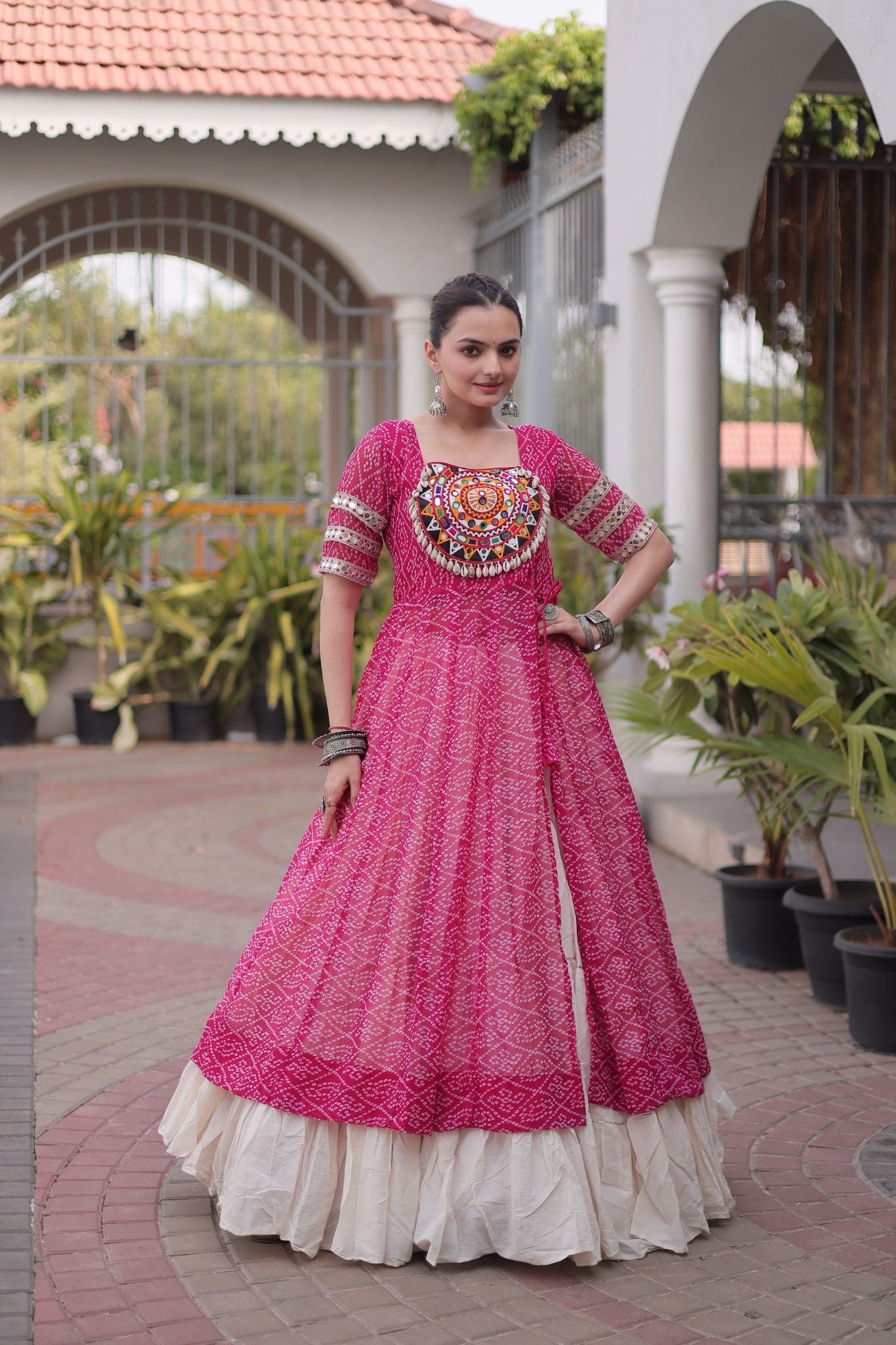 Raasrang Navratri Designer Kora Cotton Lehenga With Kutchi Patchwork Bandhani Print Kurti For Garba & Dandiya