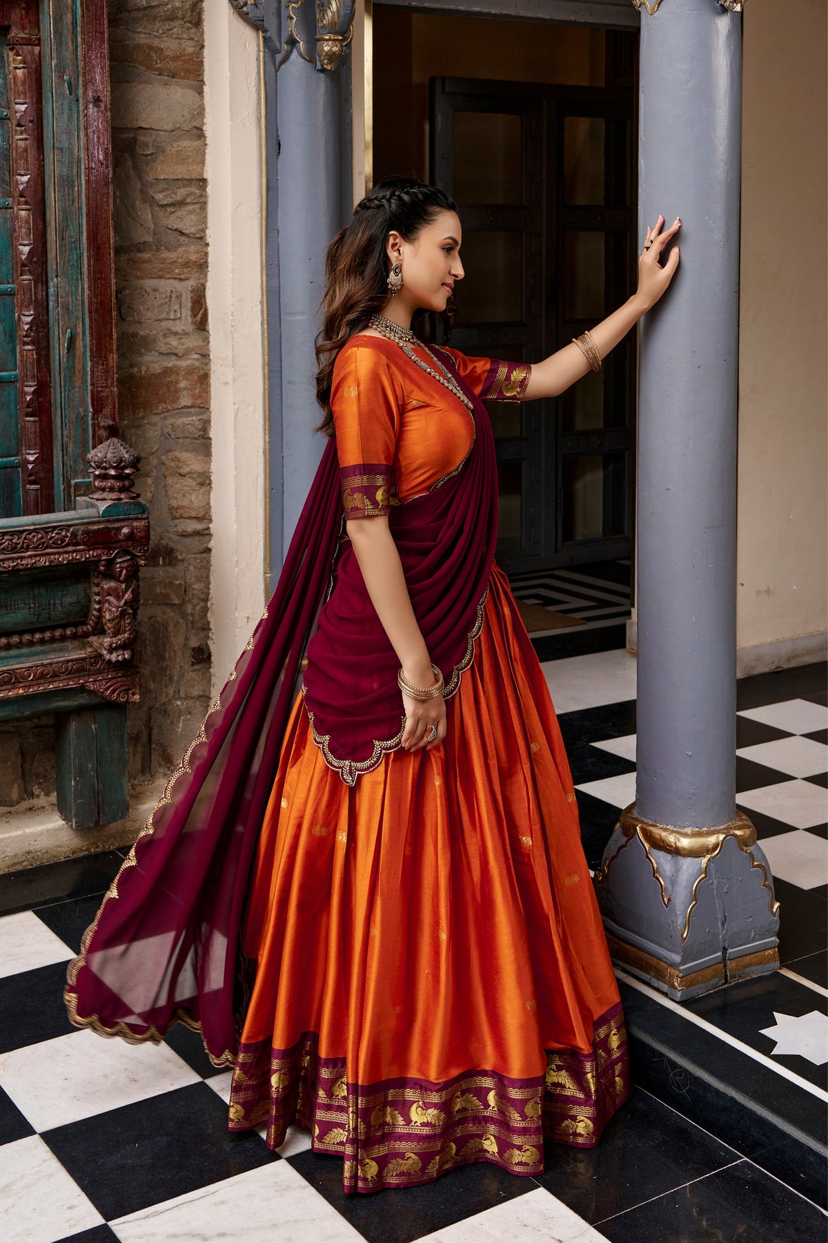Buy South Indian Cotton Silk Lehenga Choli With Zari Woven Border