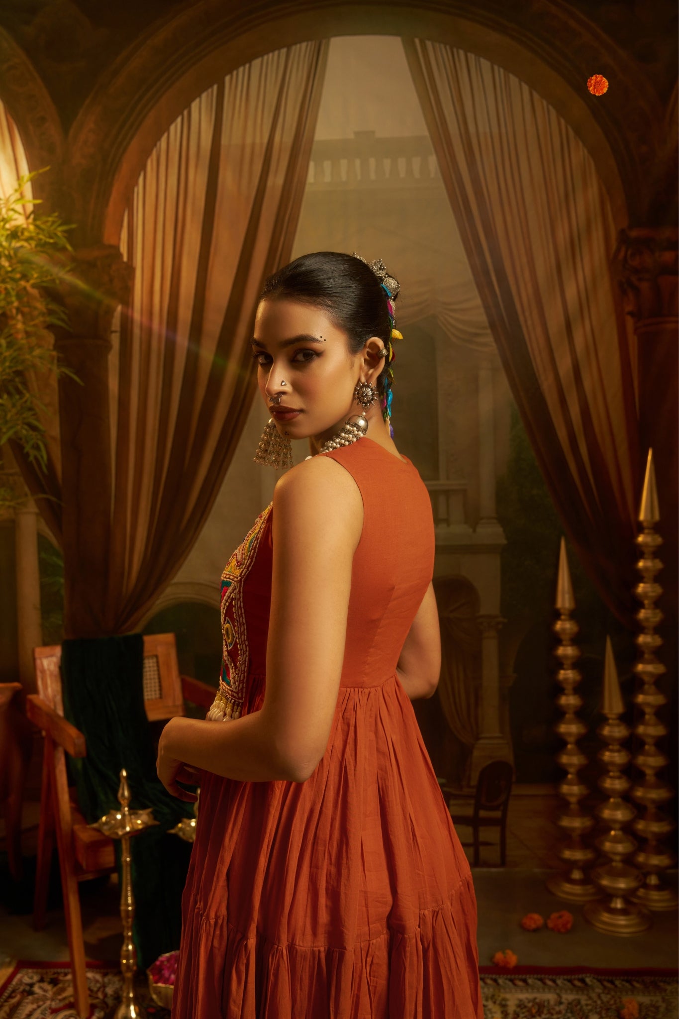 Rust Orange Tiered Anarkali Dress With Hand Embroidered Yoke & Cowrie Shell Fringe