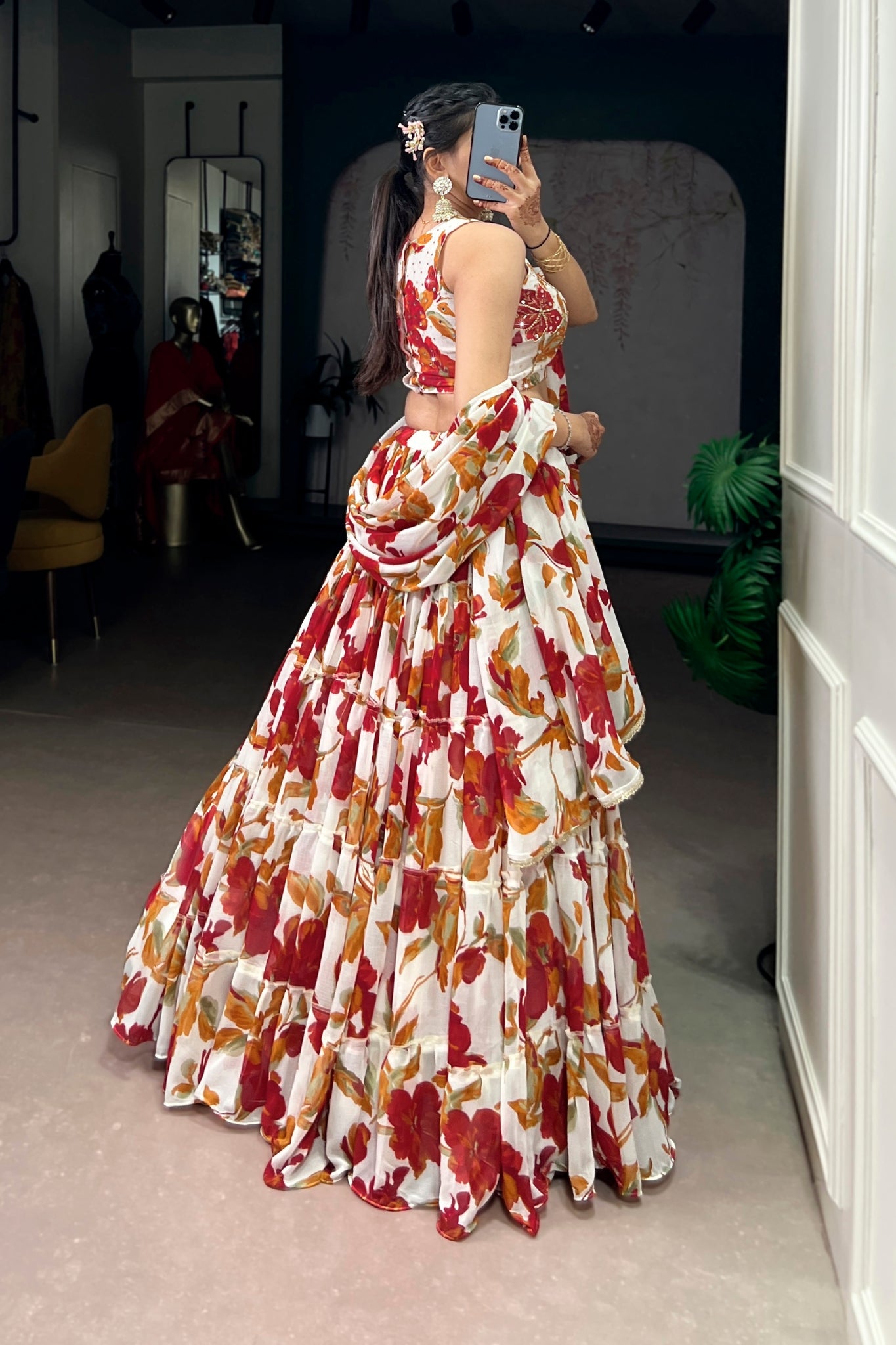 Floral Marble Print Lehenga Choli Set For Women
