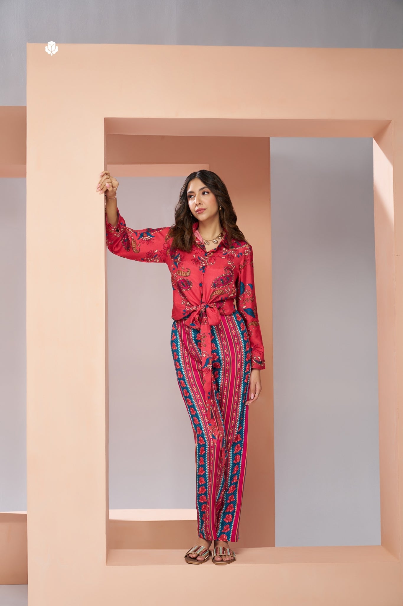 Pure Muslin Silk Coral Pink Co-Ord Set For Women