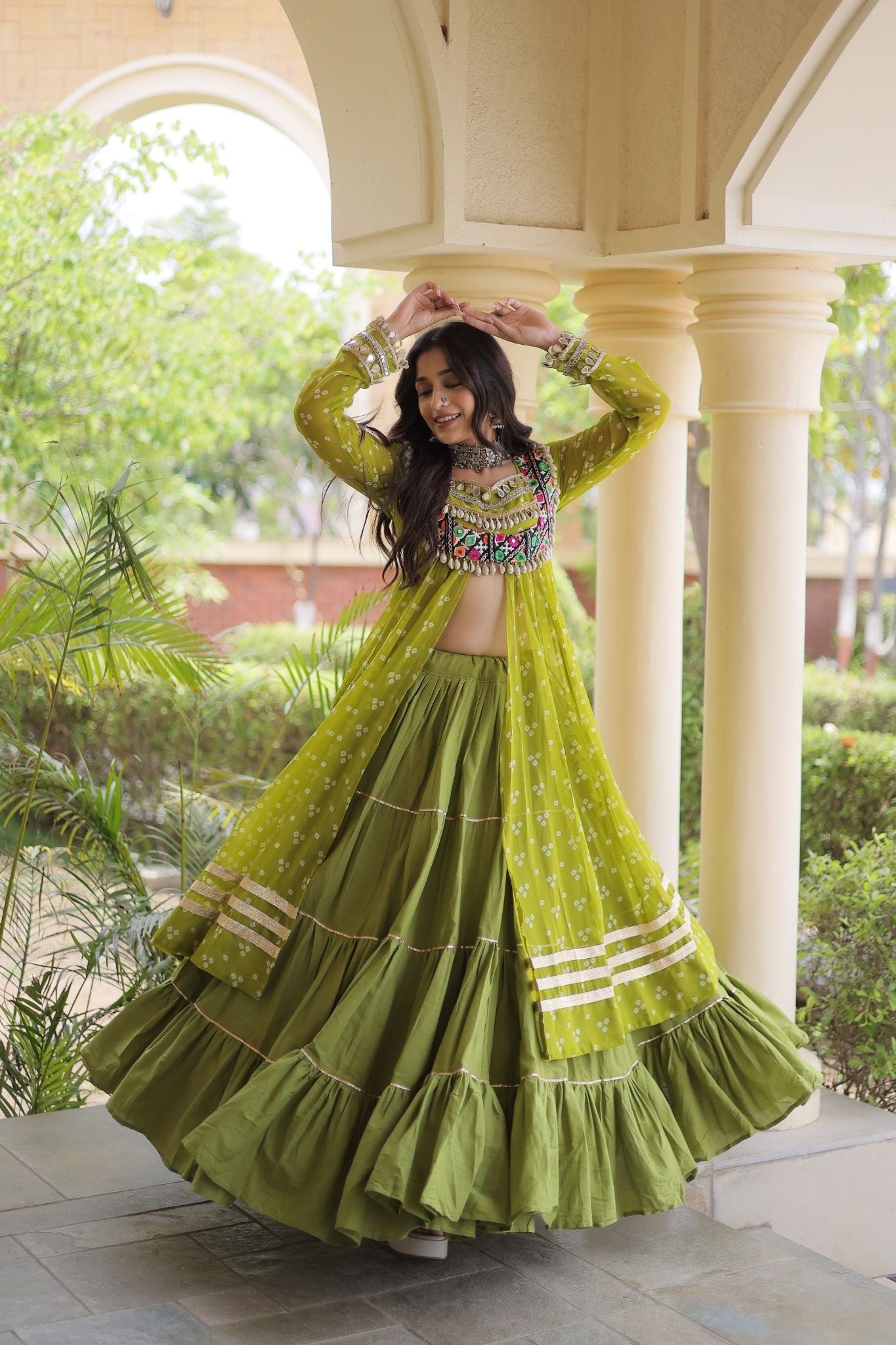 Raasrang Special Navratri Designer Kora Cotton Bandhani Print with Kutchi Patchwork Lehenga Choli