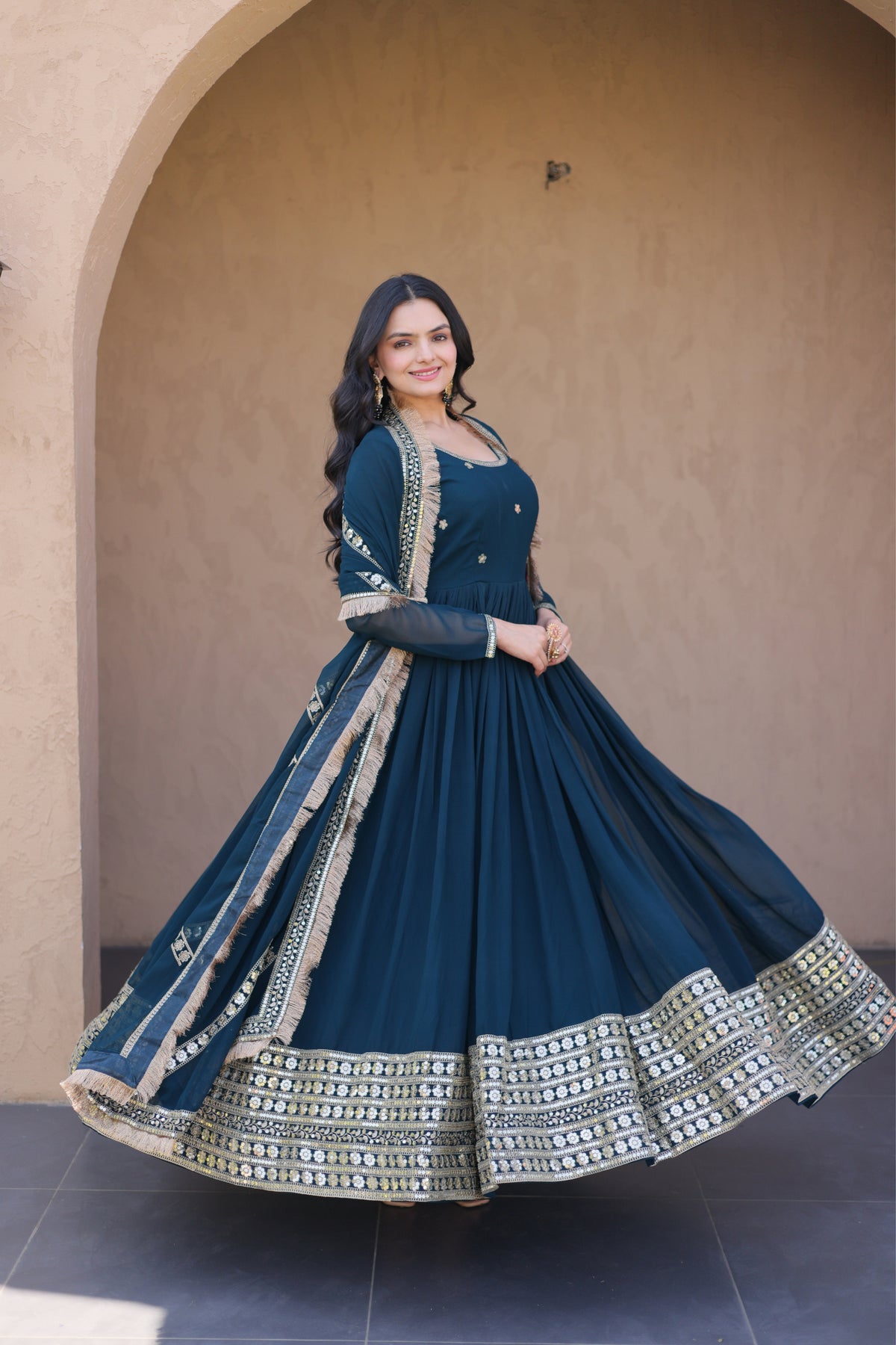 Designer Faux Blooming Anarkali Gown With Dupatta Set