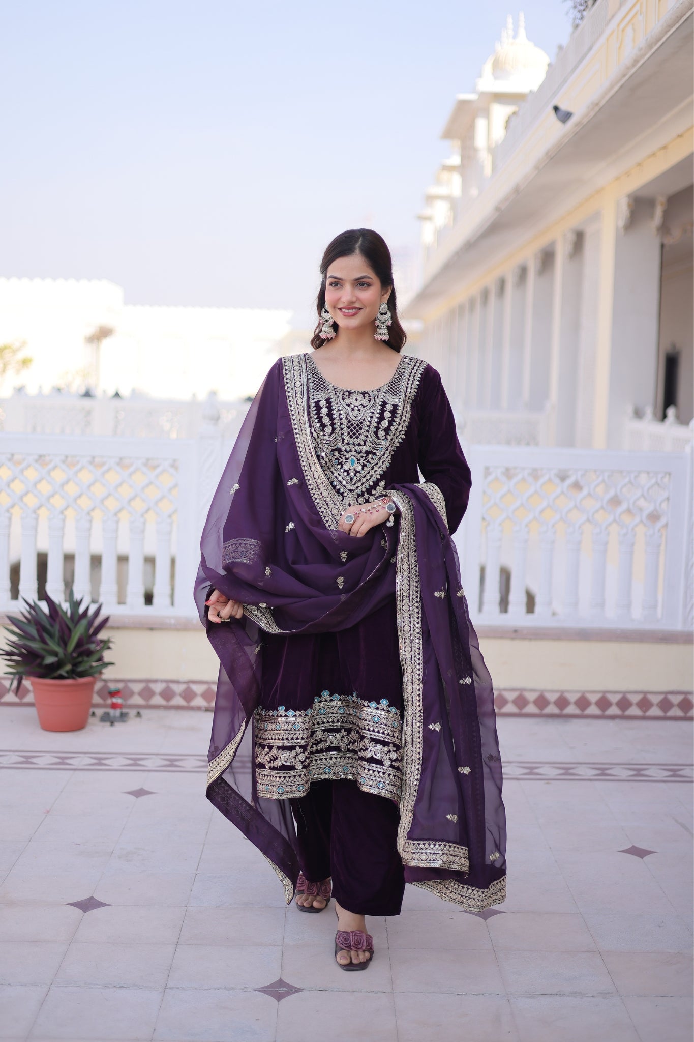 Designer Velvet Kurta Suit With Rich Zari And Thread Embroidery