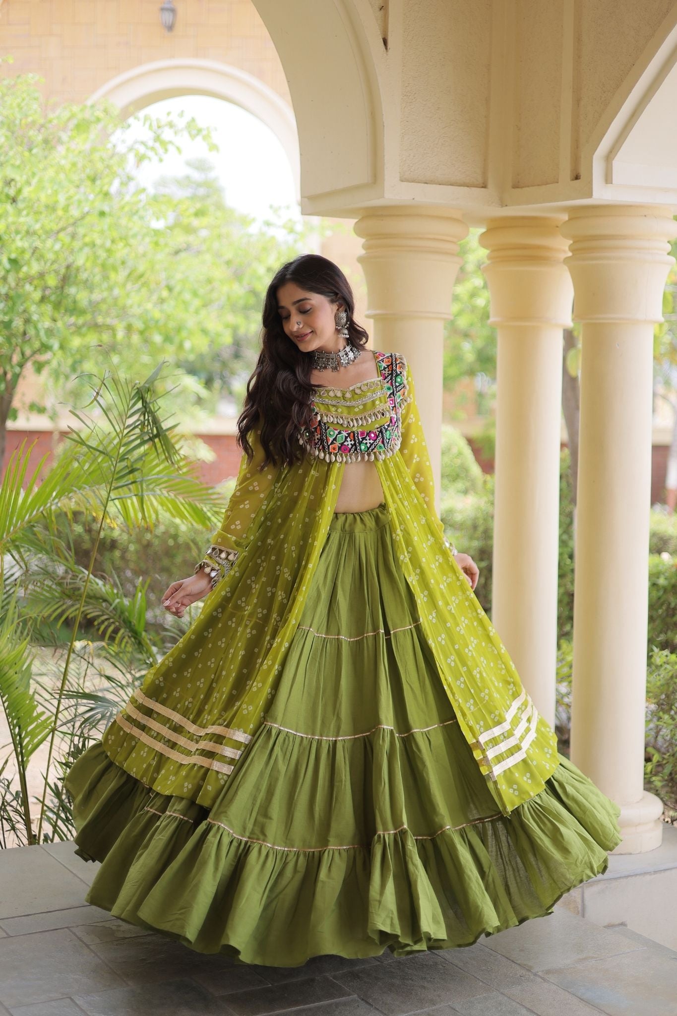 Raasrang Special Navratri Designer Kora Cotton Bandhani Print with Kutchi Patchwork Lehenga Choli
