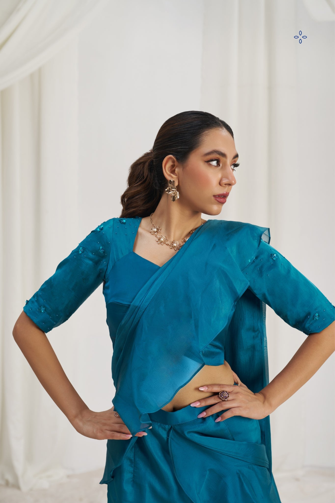 Teel Blue Organza Ruffle Saree Set