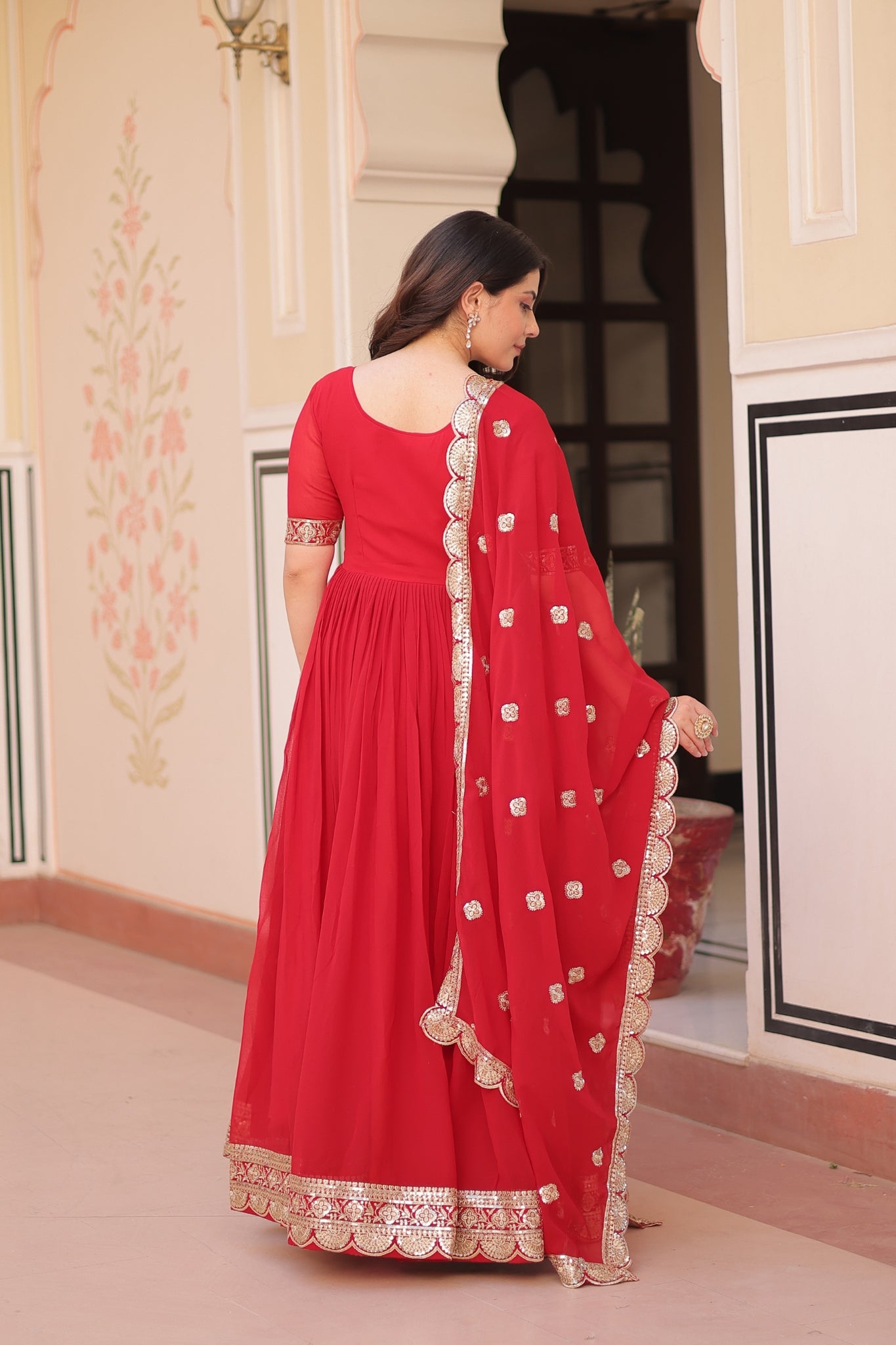 Embroidery Zari Sequins Work Designer Gown With Dupatta Set