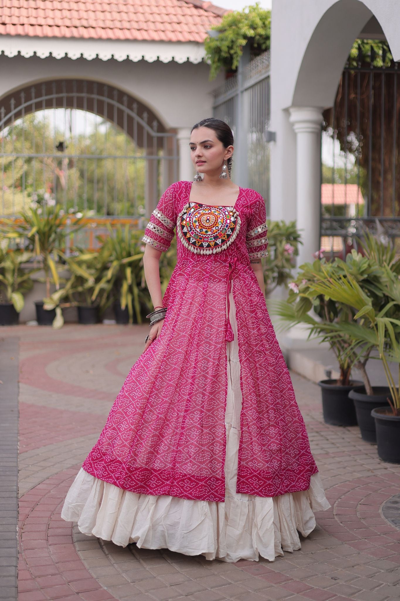 Raasrang Navratri Designer Kora Cotton Lehenga With Kutchi Patchwork Bandhani Print Kurti For Garba & Dandiya