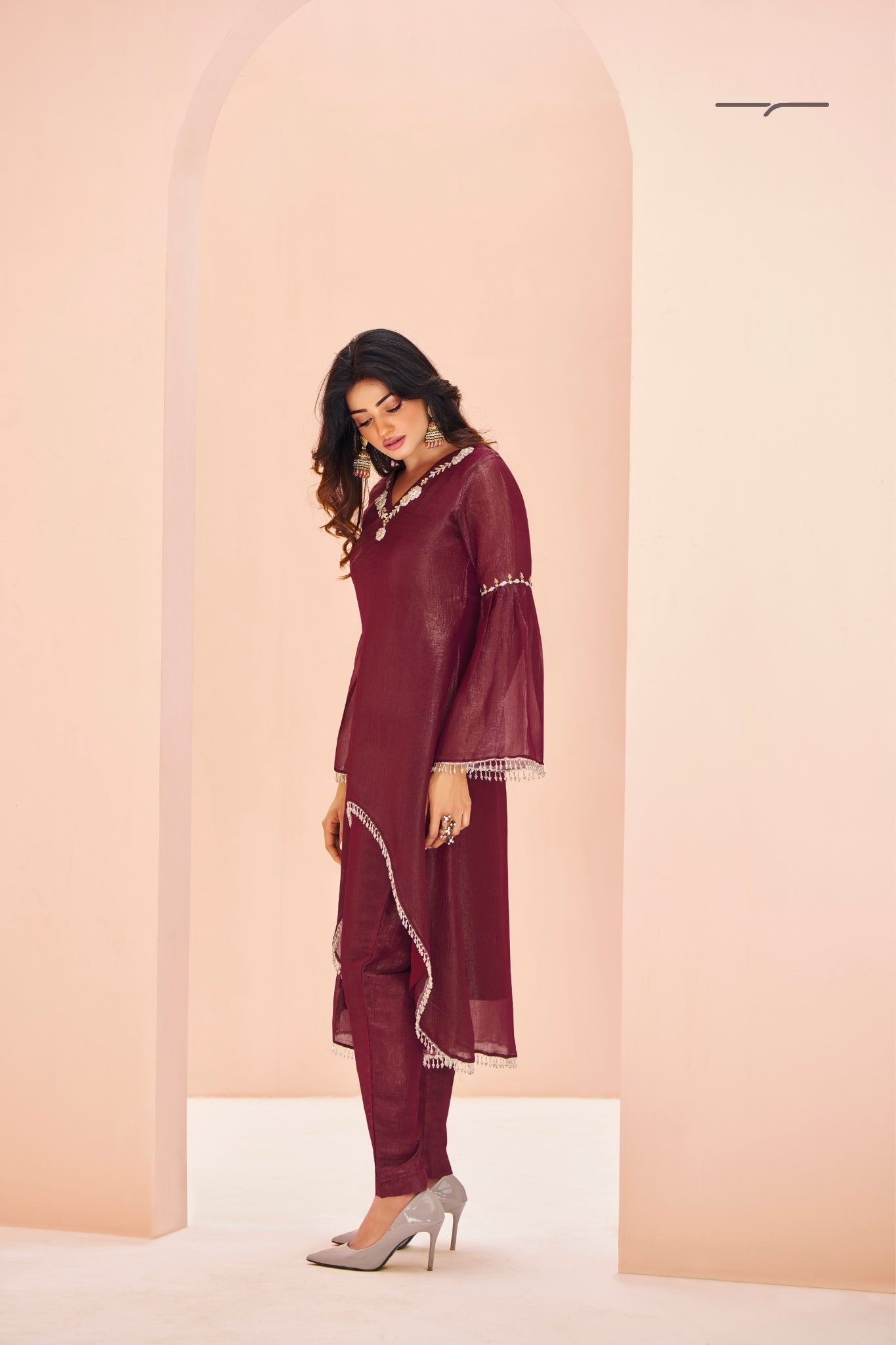 Maroon Majesty Hand Embroidered Organza Co Ord Set