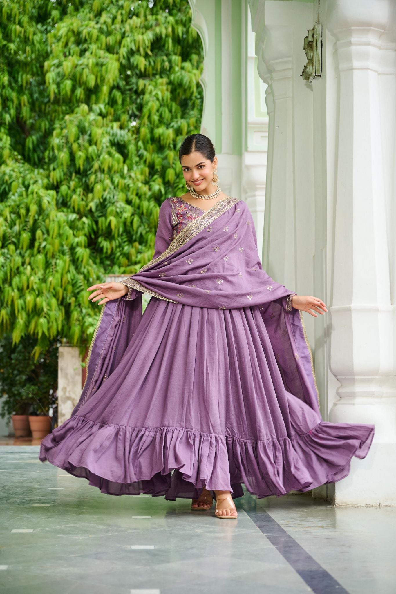 Designer Vichitra Silk Gown with Zari & Thread Embroidery and Dupatta Party Wear Dress