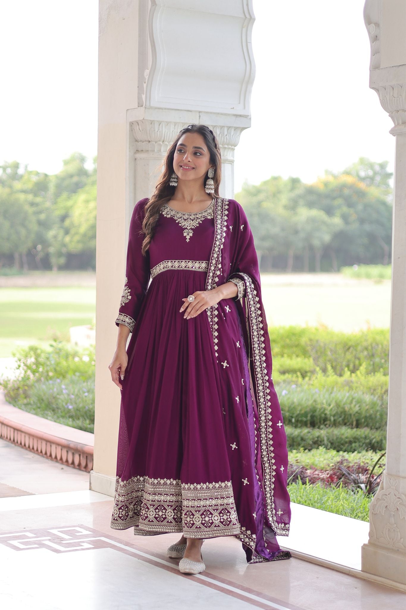 Luxury Vichitra Silk Embroidered Gown Set