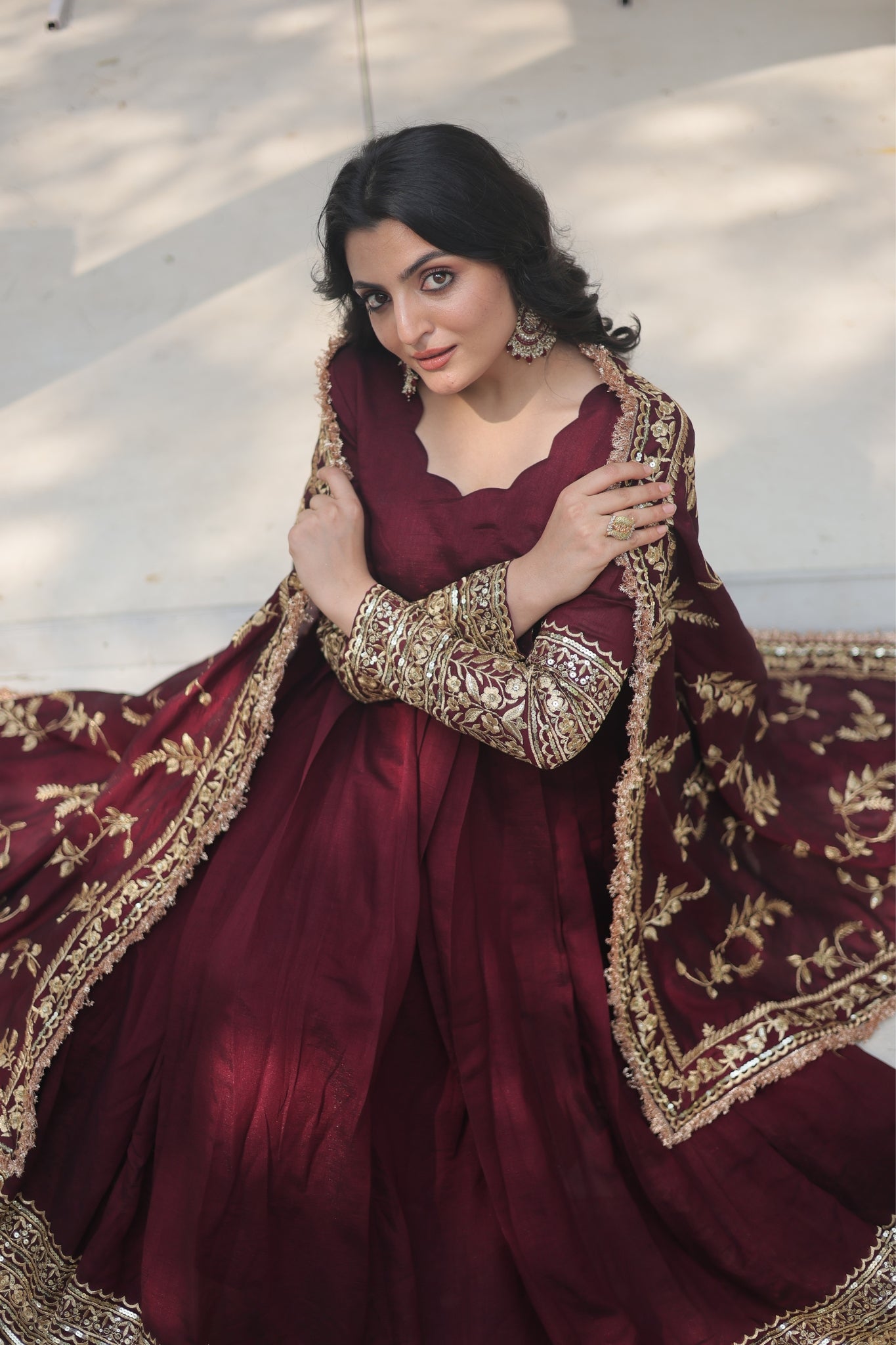 Stunning Premium Dark Maroon Anarkali Set