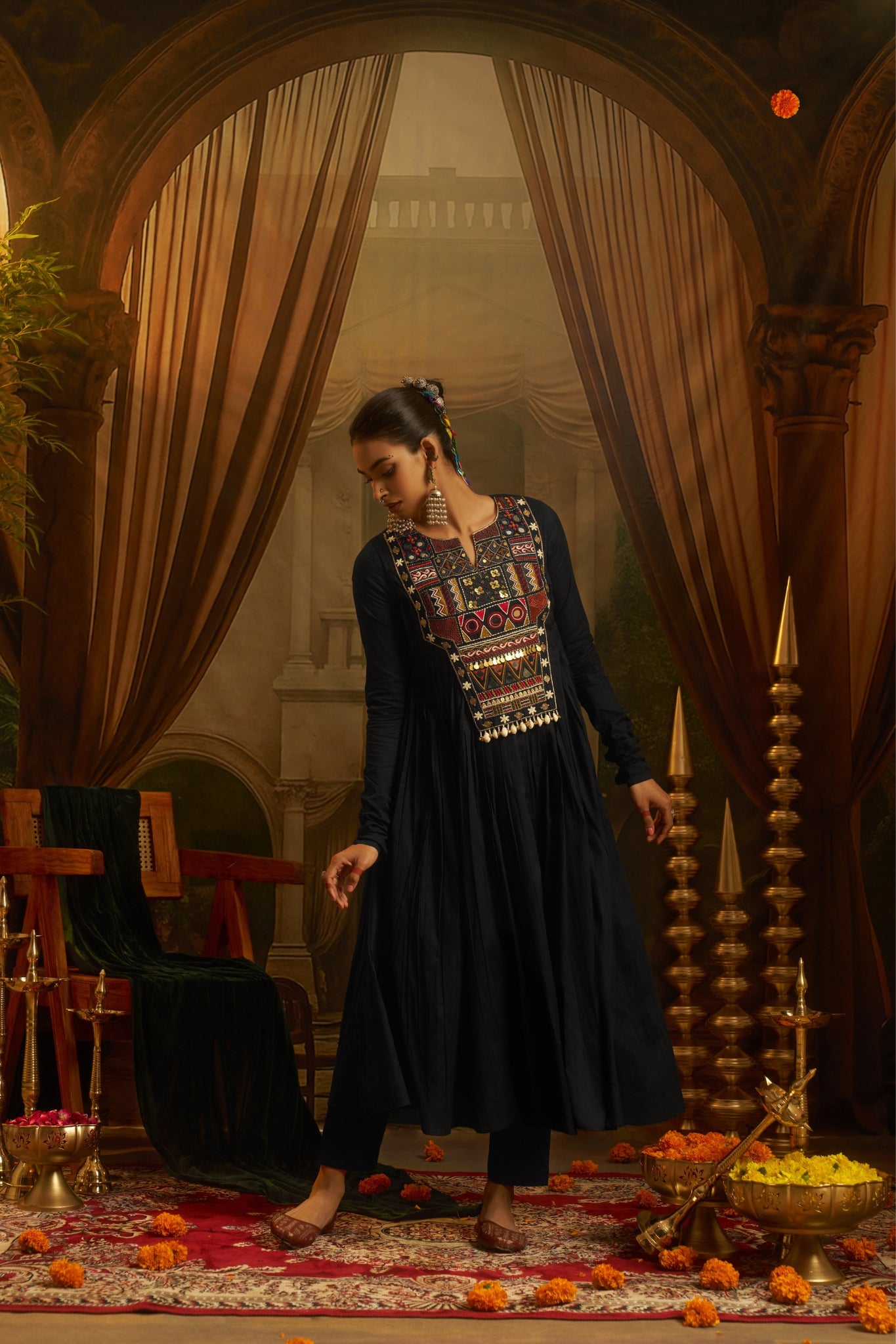 Black Anarkali Kurta Set with Hand Embroidery, Mirror Work Yoke & Cowrie Shell Detailing
