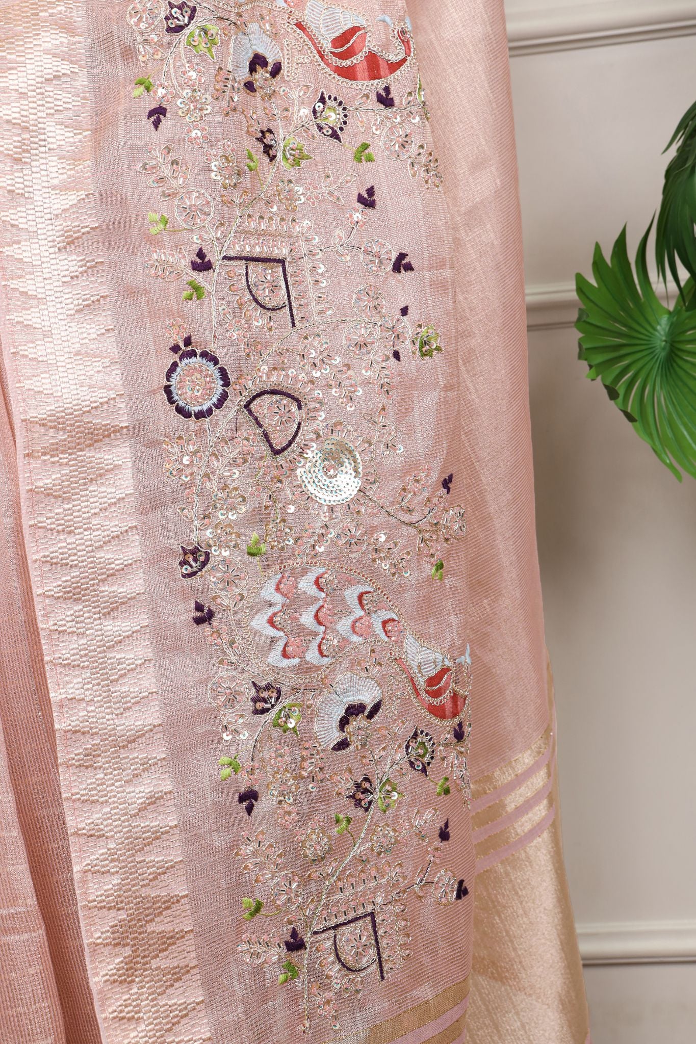 Premium Zari Kota Tissue Saree | Embroidery Beads Work Zari Weaving Border