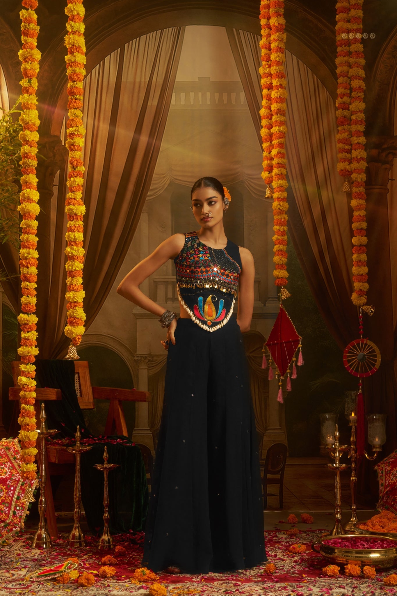 Black Georgette Designer Festive Set With Thread, Mirror And Shell Handwork