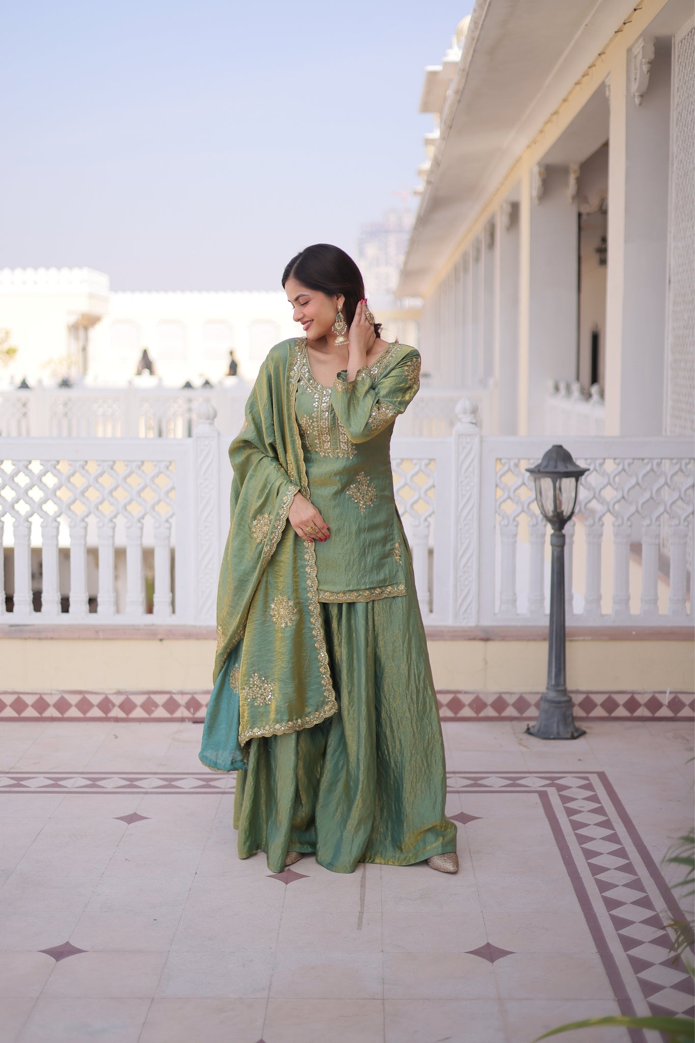 Fendi Crush Zari Sequins Embroidered Kurti Sharara Set With Designer Dupatta