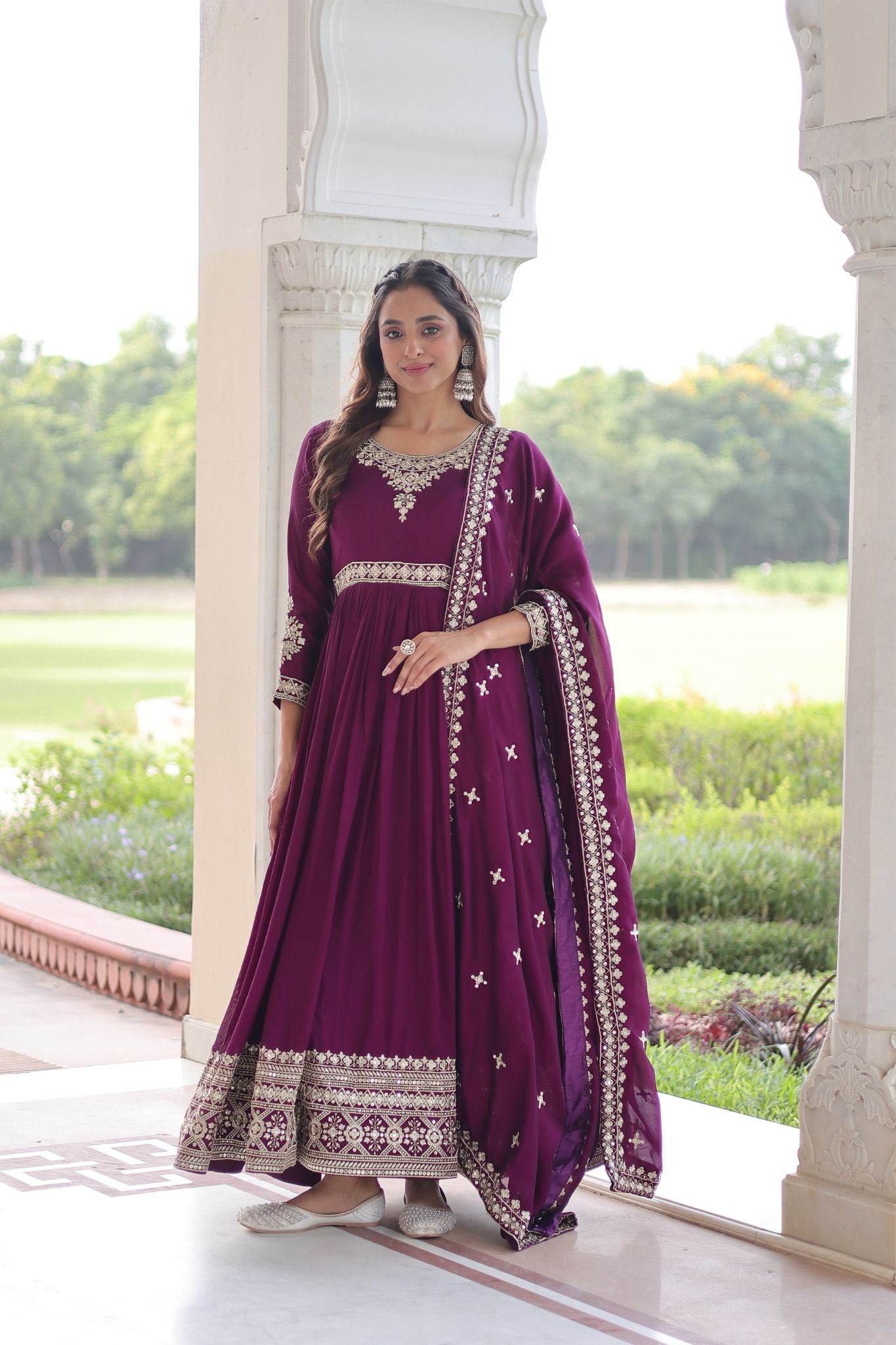 Luxury Vichitra Silk Embroidered Gown Set