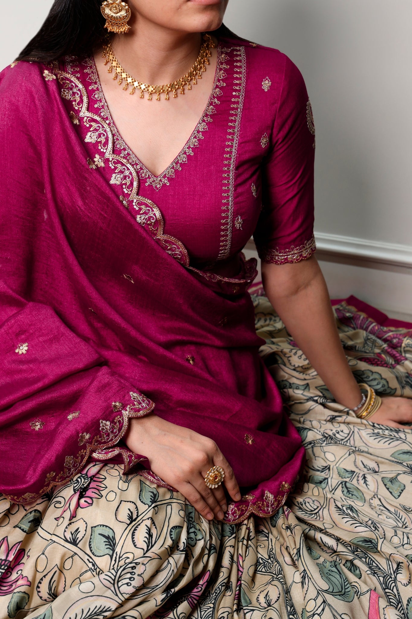 Premium Kalamkari Tasar Silk Lehenga Choli With Embroidered Dupatta