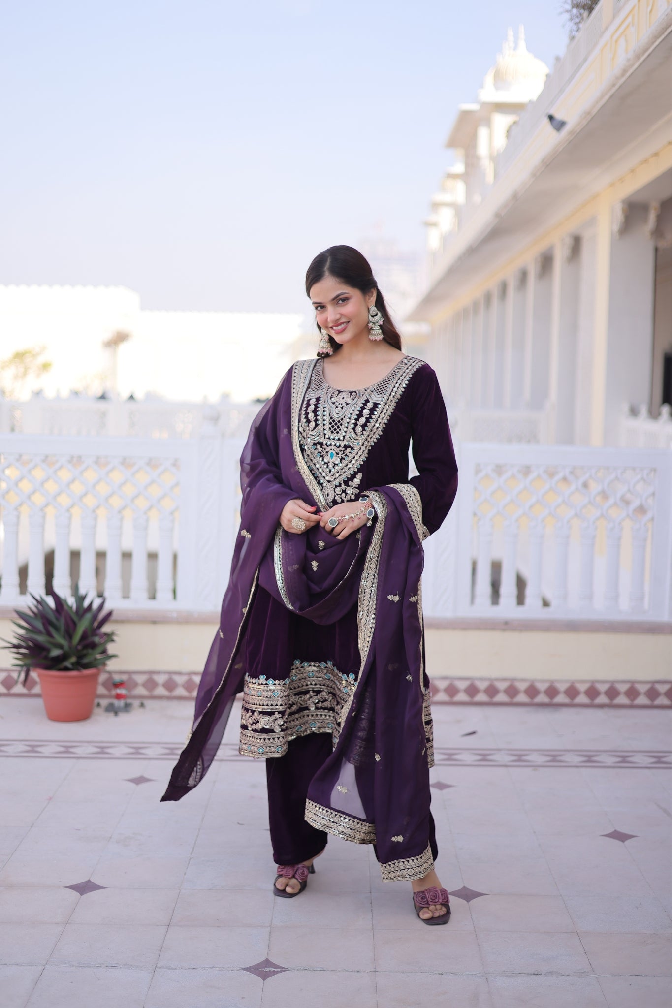 Designer Velvet Kurta Suit With Rich Zari And Thread Embroidery