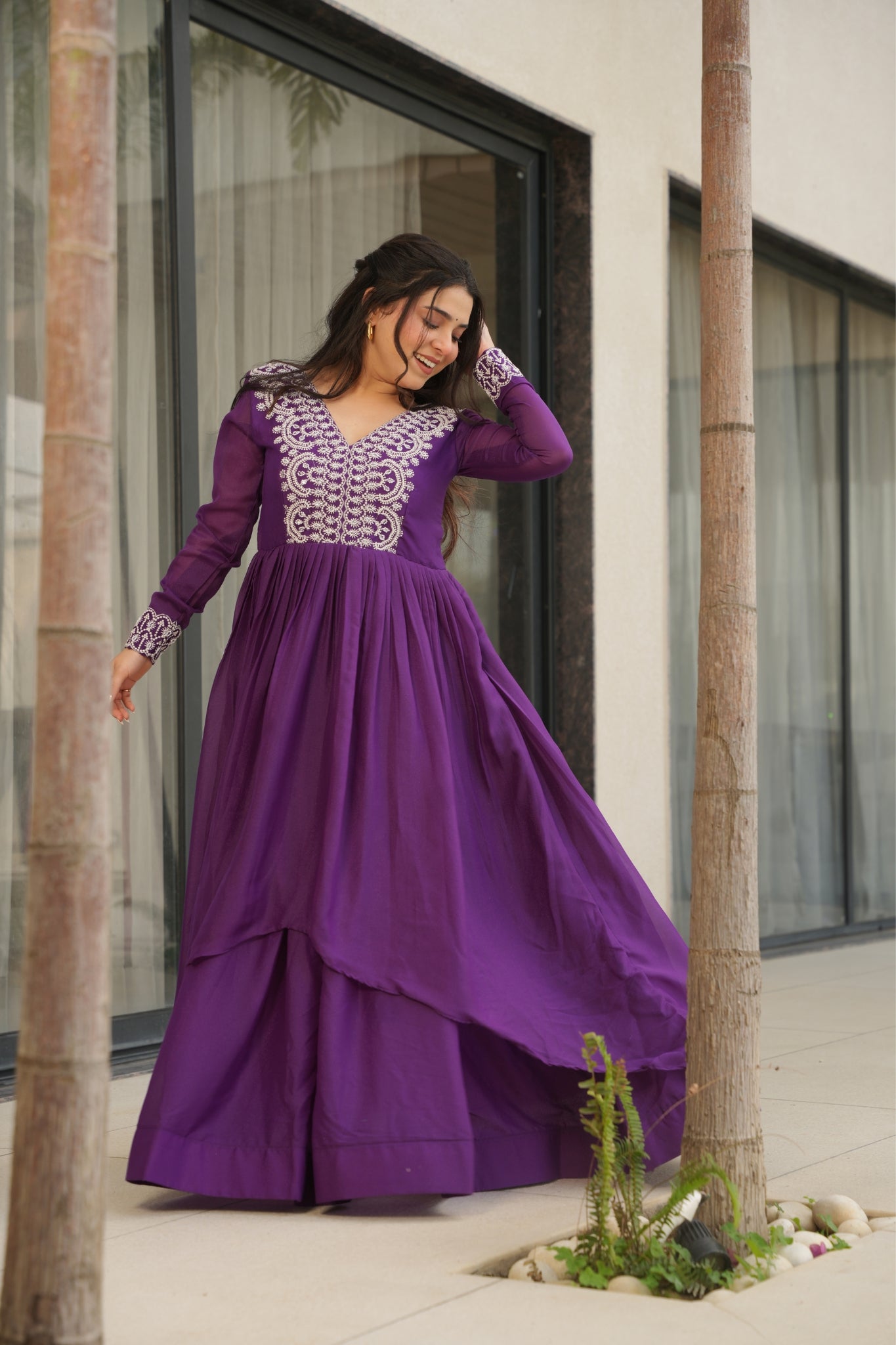 Georgette Embroidered Beads Sequins Work Double Flair Wedding Stylish Gown