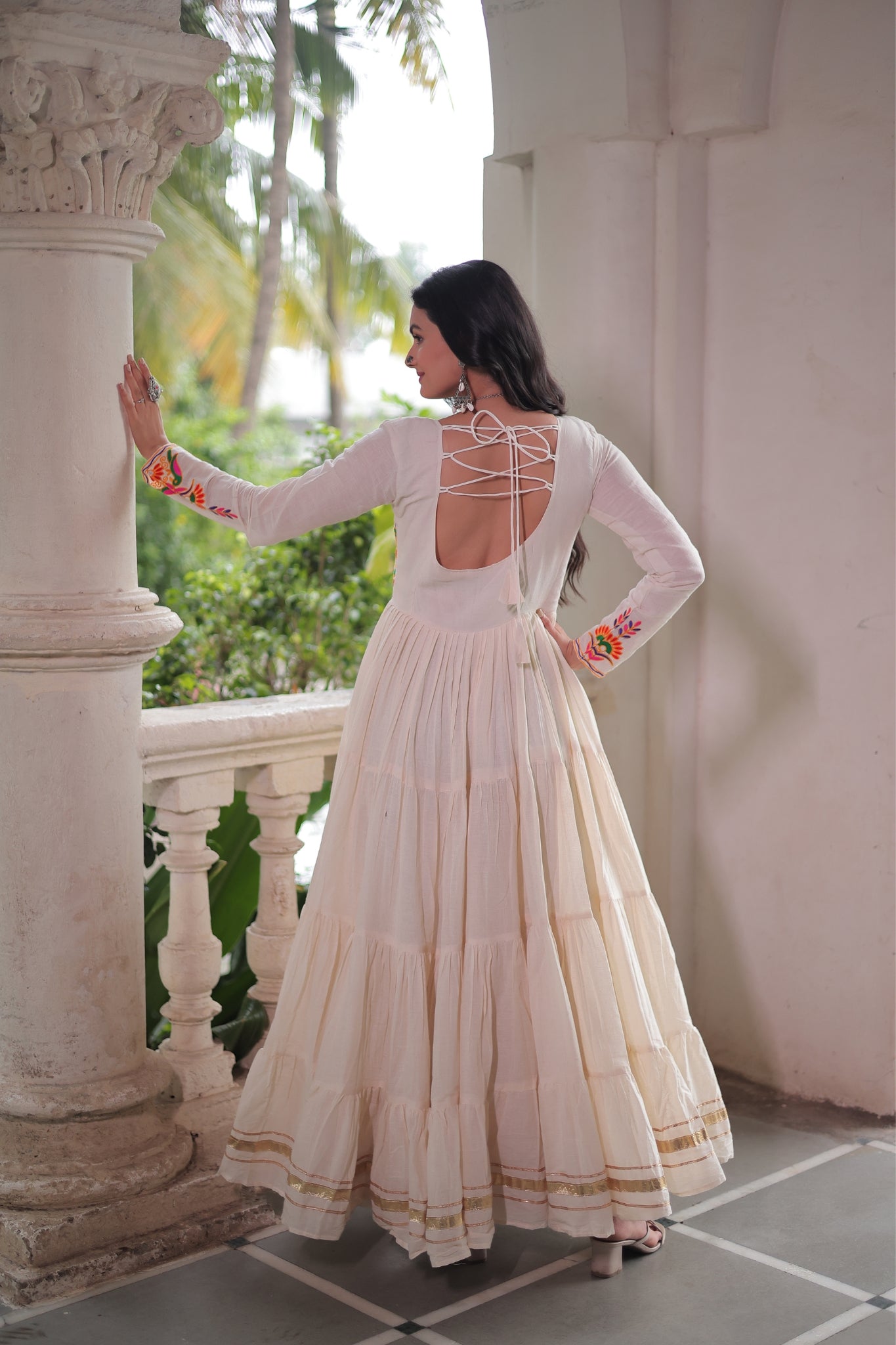 Off White Navratri Designer Multi Thread Embroidered With Gota Patti Work Cotton Gown