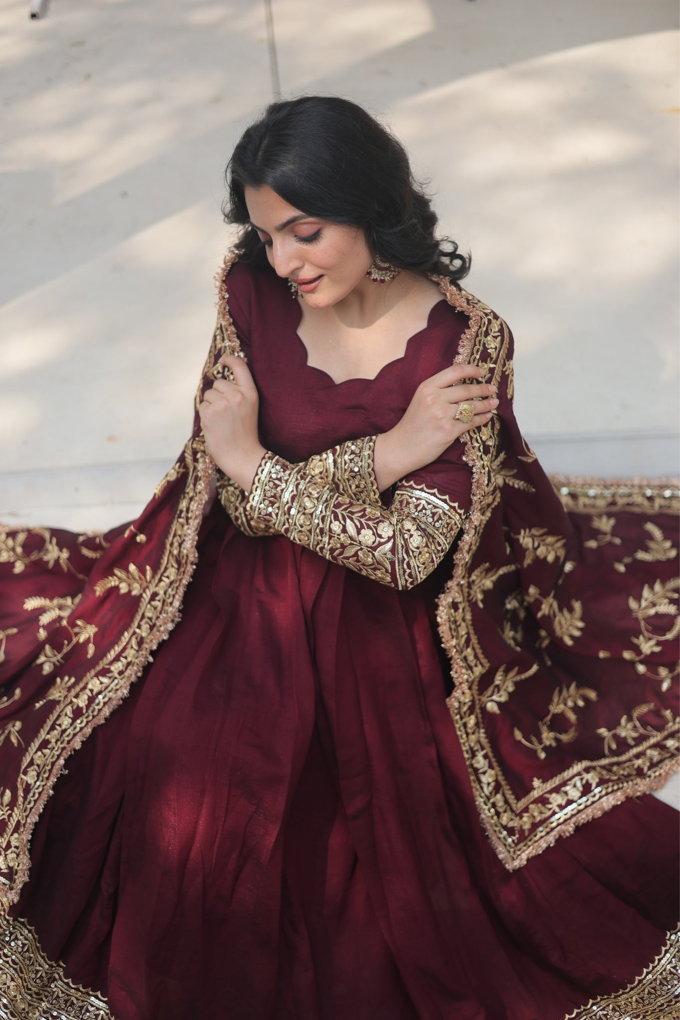 Stunning Premium Dark Maroon Anarkali Set