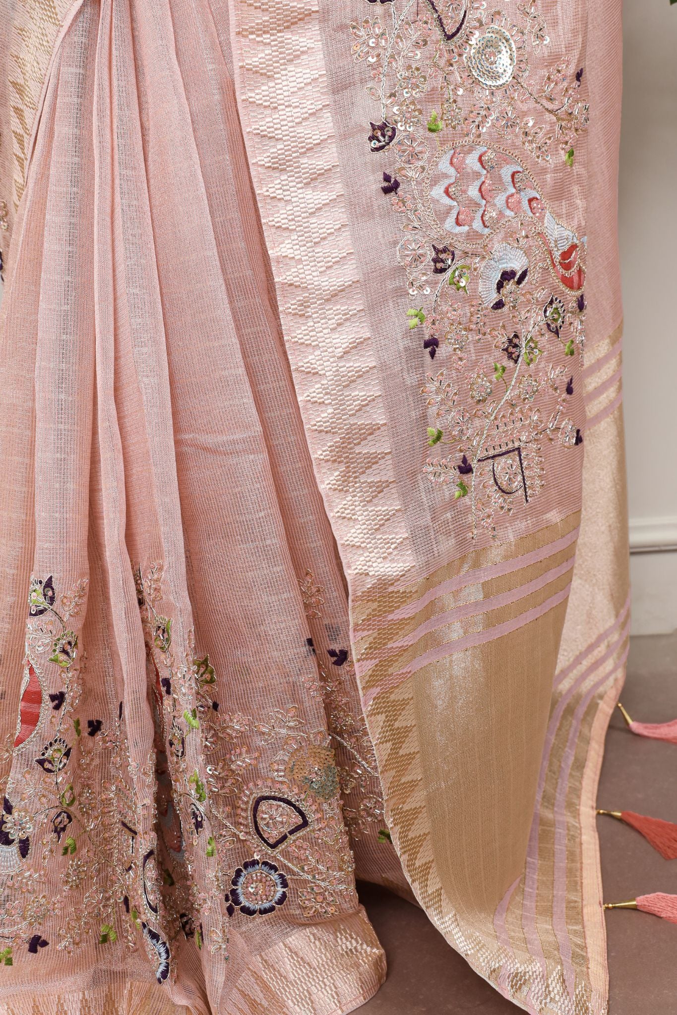 Premium Zari Kota Tissue Saree | Embroidery Beads Work Zari Weaving Border