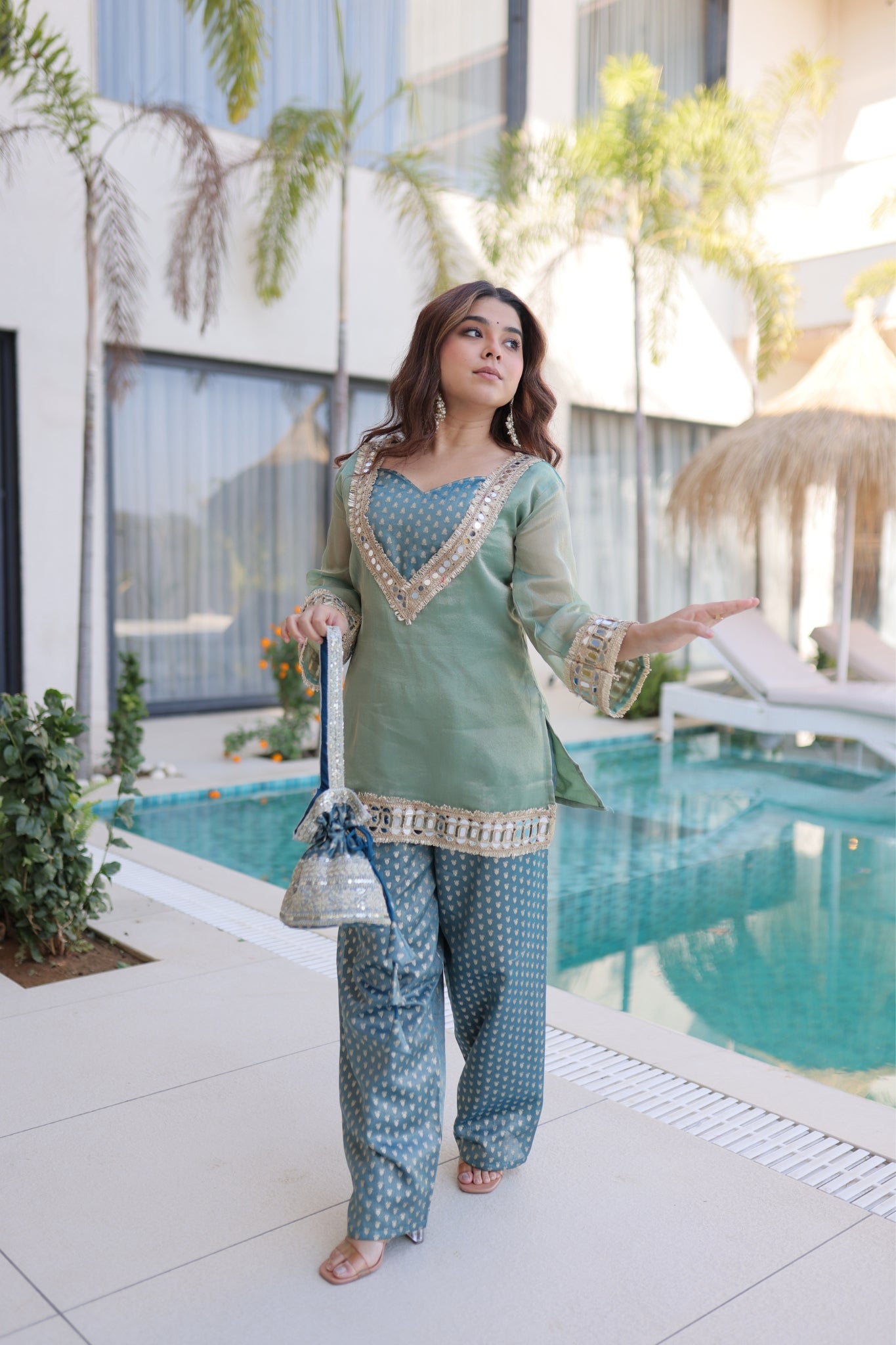 Royal Mirror Work Kurti Palazzo Set For Women