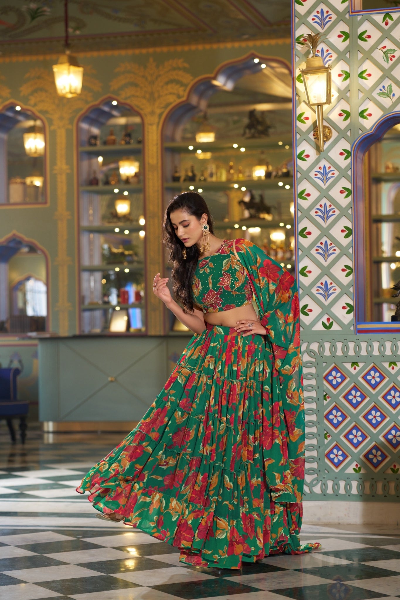 Floral Marble Print Lehenga Choli Set For Women