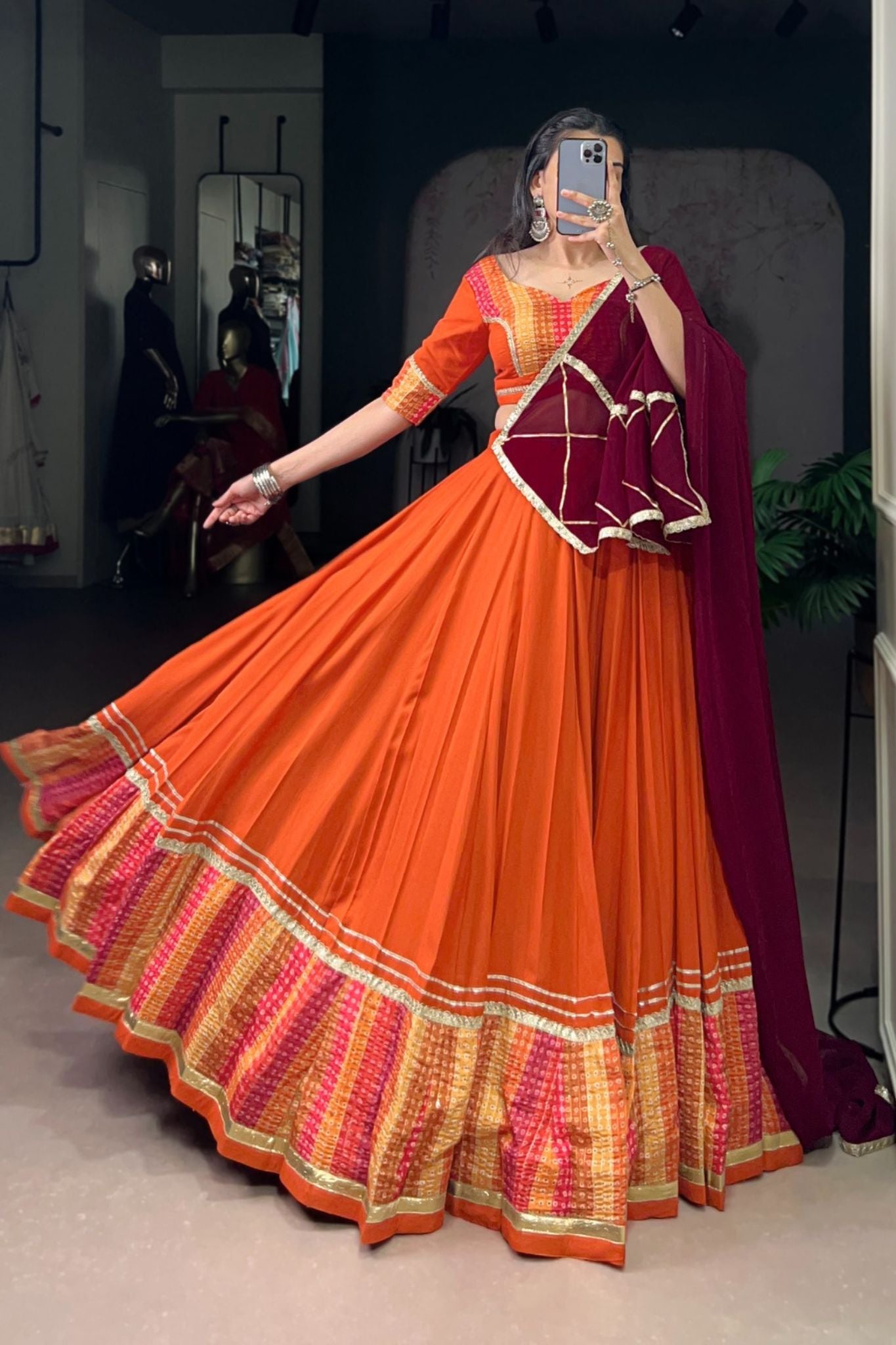 Vibrant Orange Pure Rayon Bandhej Print Traditional Lehenga Choli