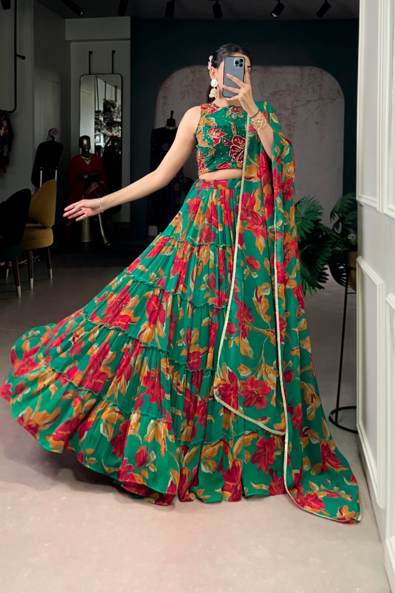 Floral Marble Print Lehenga Choli Set For Women