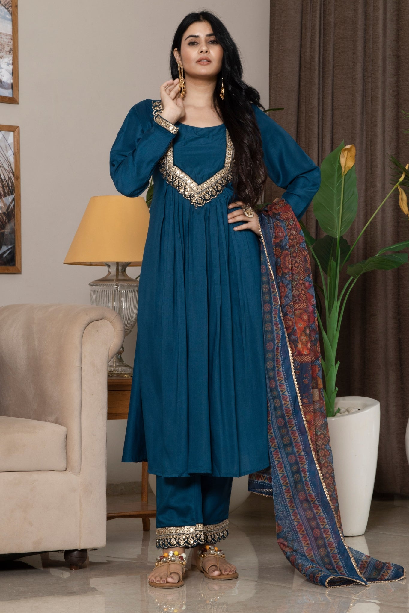 Regal Ethnic Teal Anarkali Suit With Gold Embroidery And Printed Dupatta
