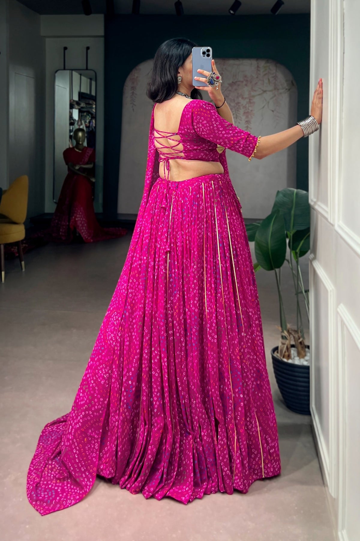Designer Navratri Lehenga Choli In Bandhej Print Georgette With Gamthi Work Dupatta