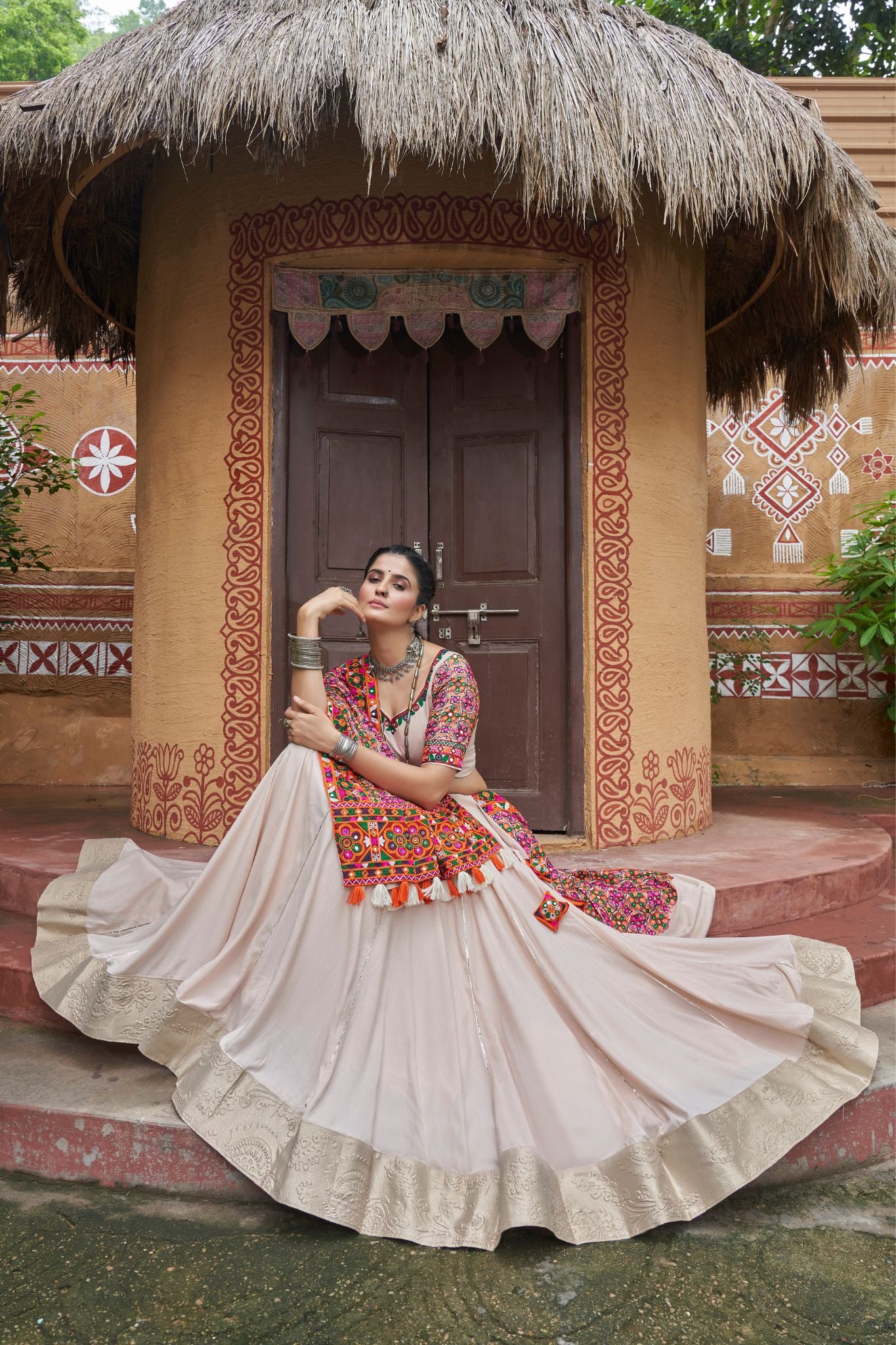 Beige Color Viscose Rayon Navratri Lehenga Choli