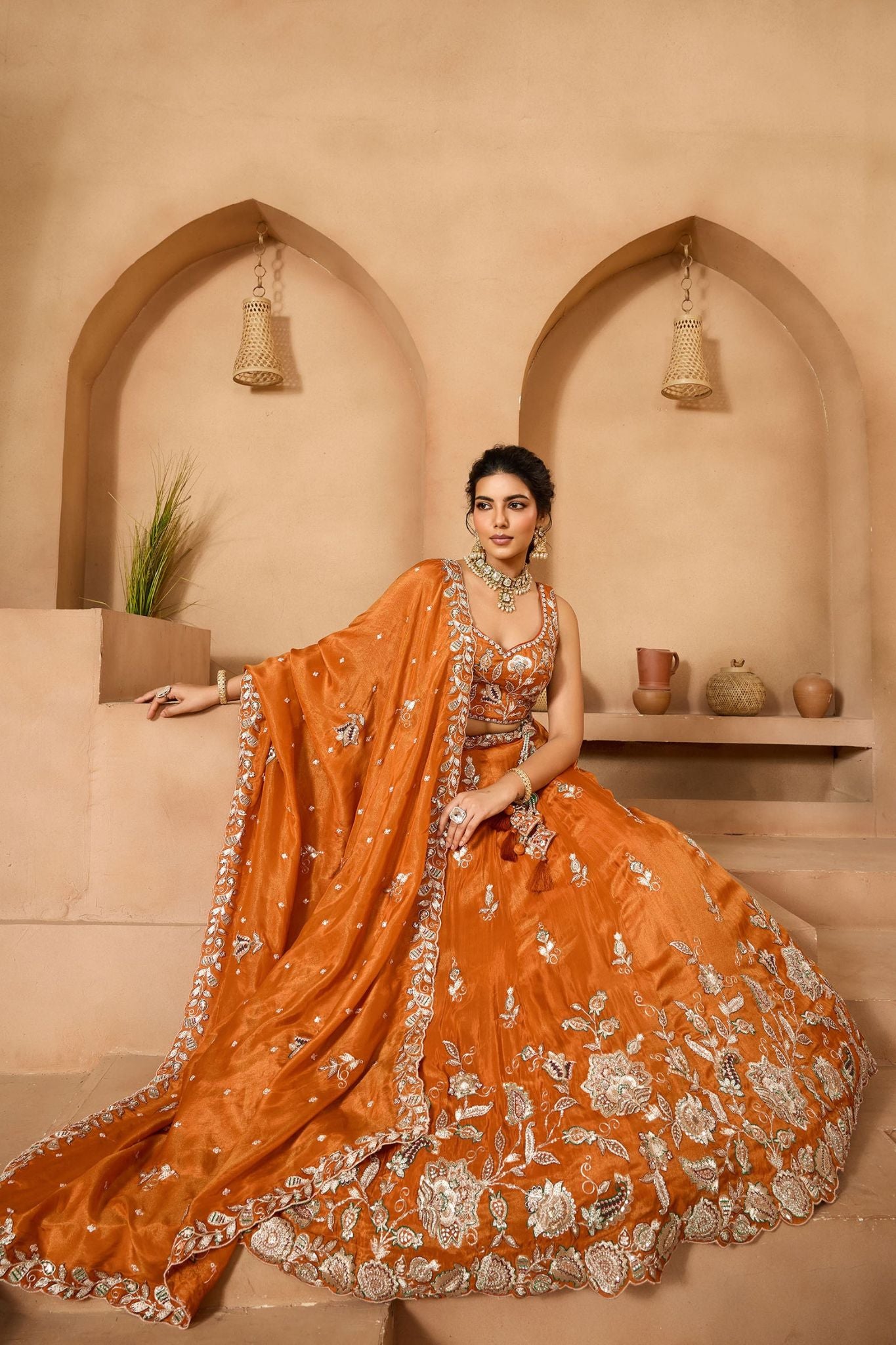 Rust Orange Pure Tissue Designer Lehenga Choli with Heavy Embroidery