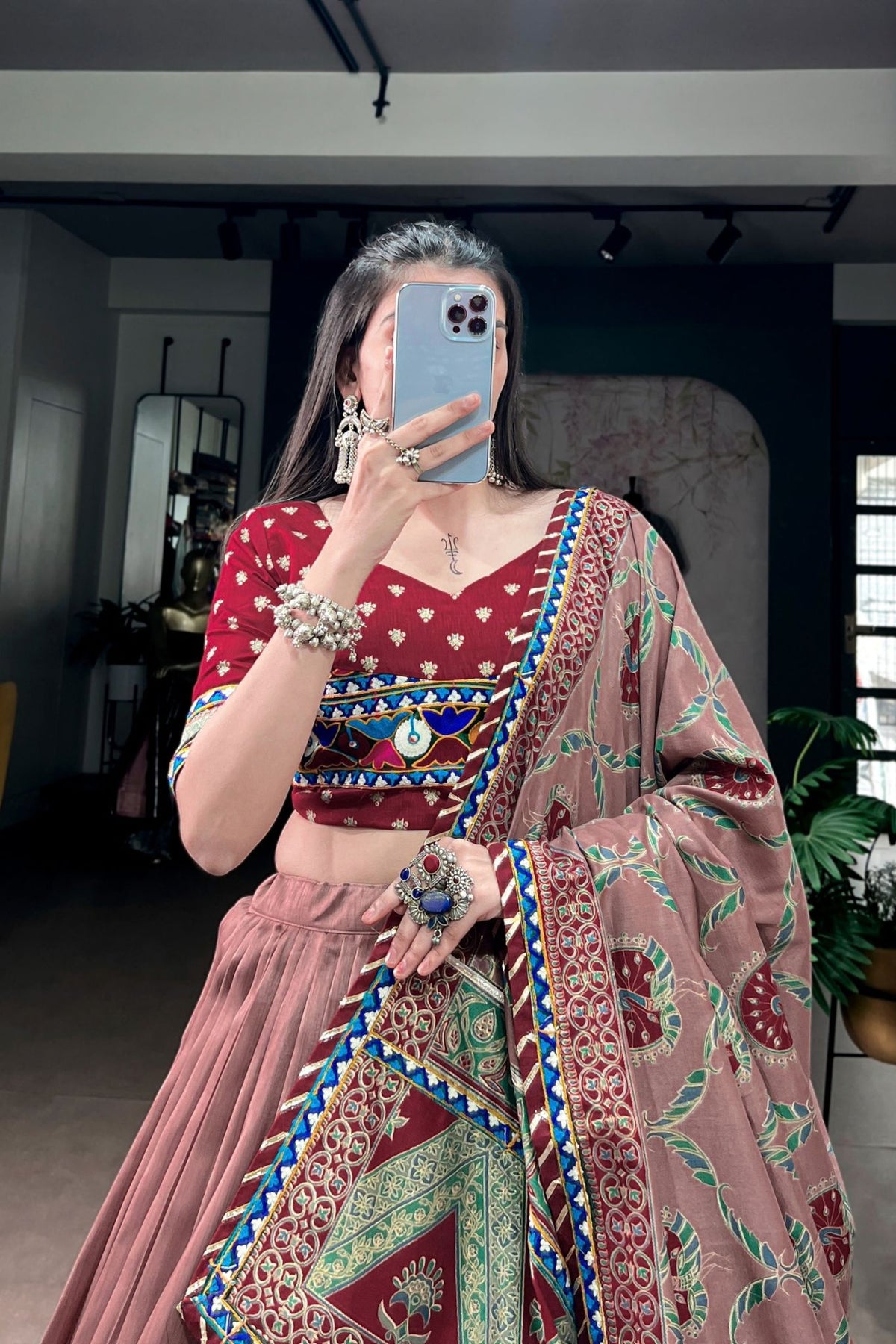 Tasar Silk Gamthi Work Designer Navratri Lehenga Choli