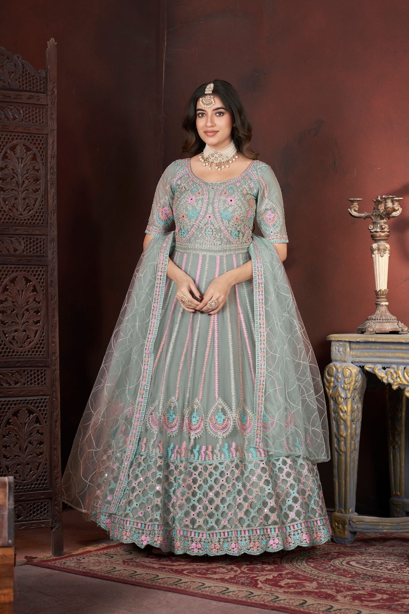 Pista Thread Embroidery With Zarkan And Mirror Work Elegance Gown