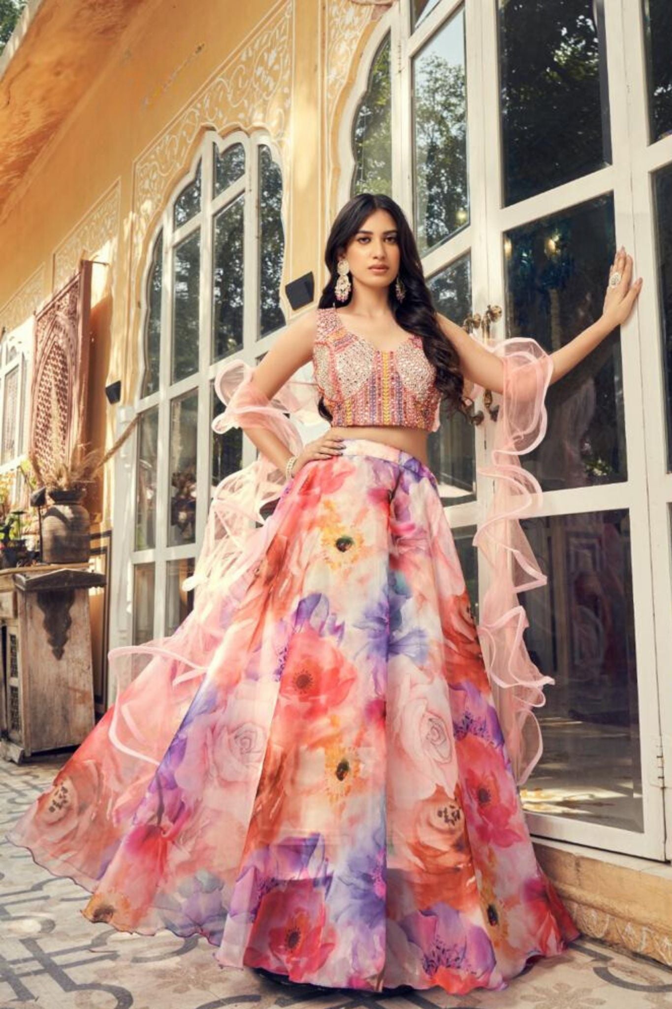 Multi Color Organza Printed Real Mirror With Sequins Embroidery Work Wedding Lehenga