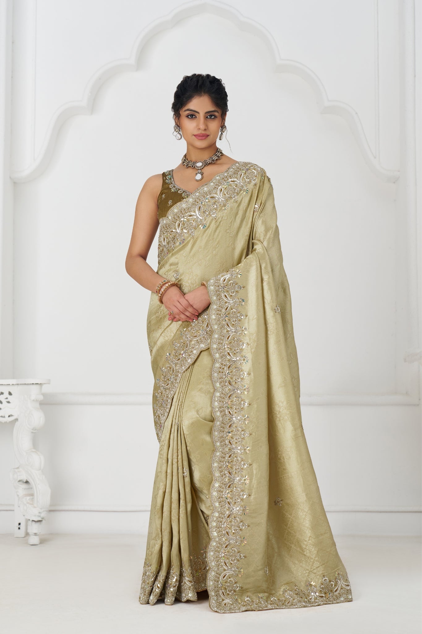 Champagne Dola Viscose Silk Saree For Wedding With Beads Embroidery & Sequins Work