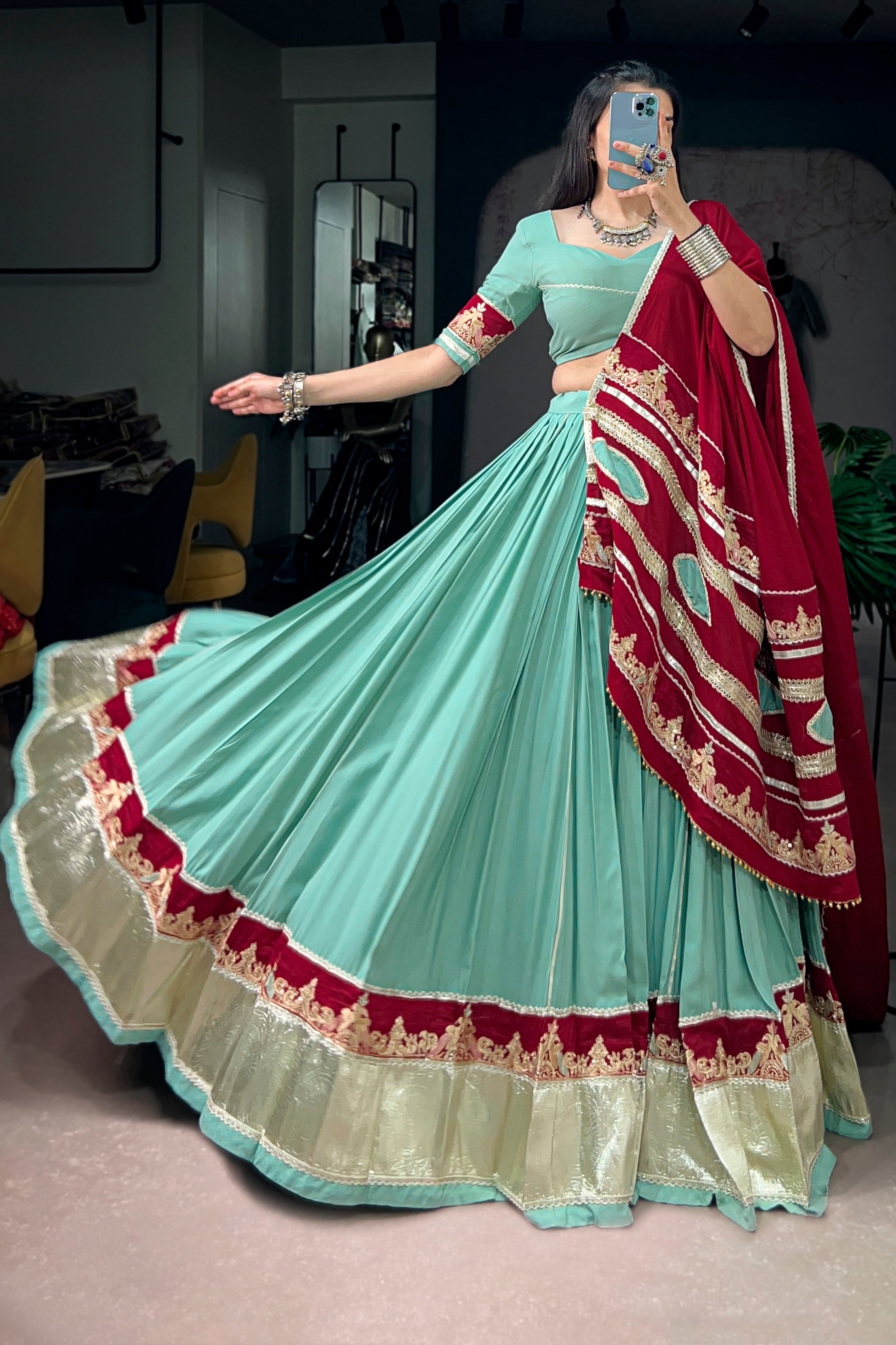 Sea Green Pure Rayon Navratri Special Designer Lehenga Choli With Maroon Embroidered Dupatta