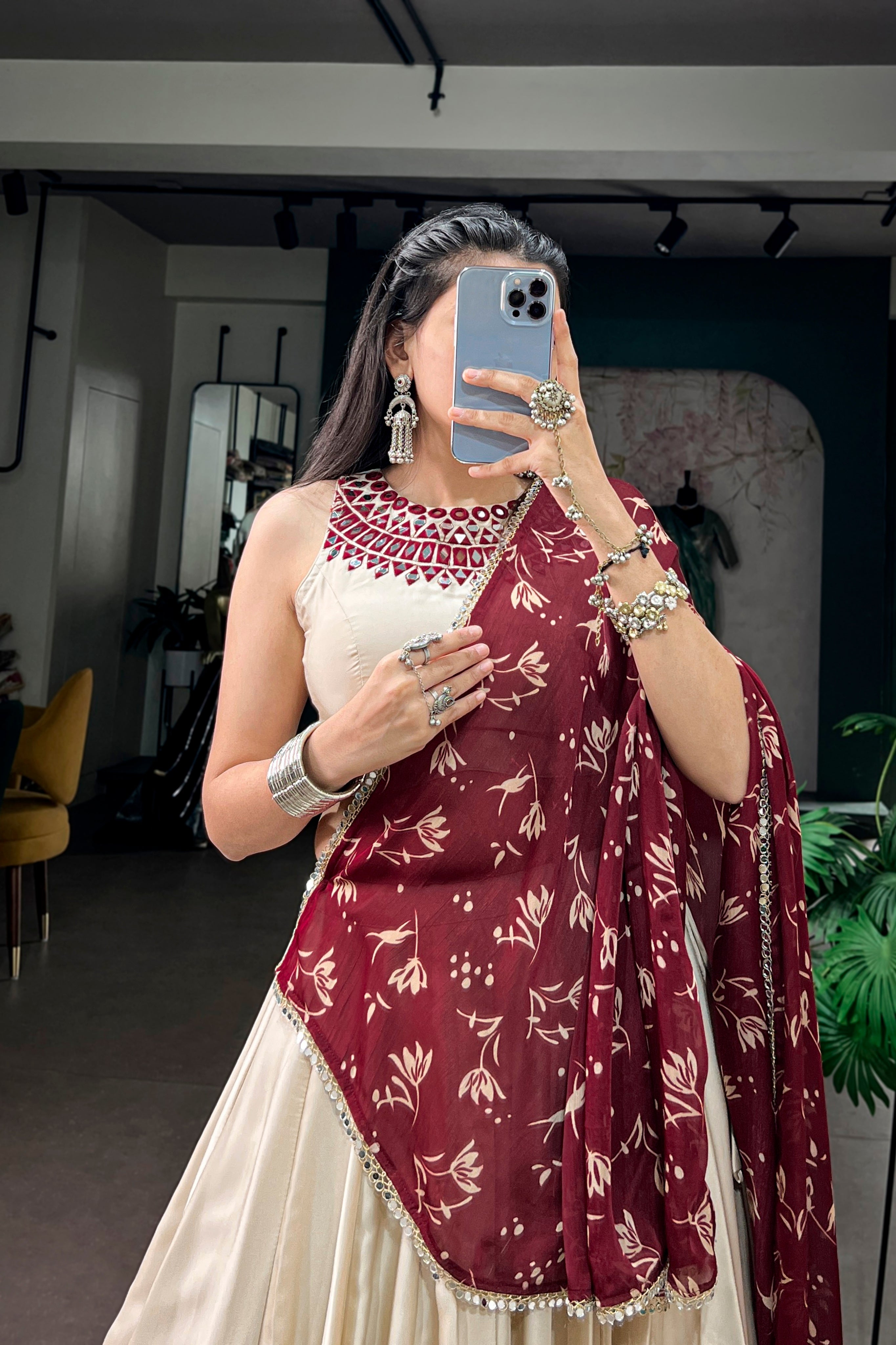 Navratri Special Lehenga Choli With Real Mirror Work Blouse & Maroon Beautiful Printed Dupatta
