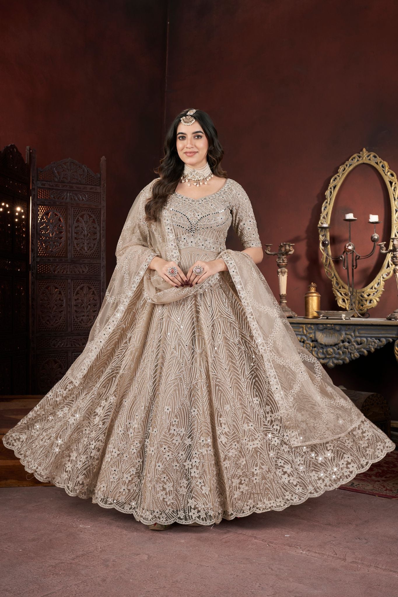 Charming Chiku Color Thread Embroidery With Zarkan And Mirror Work Gown