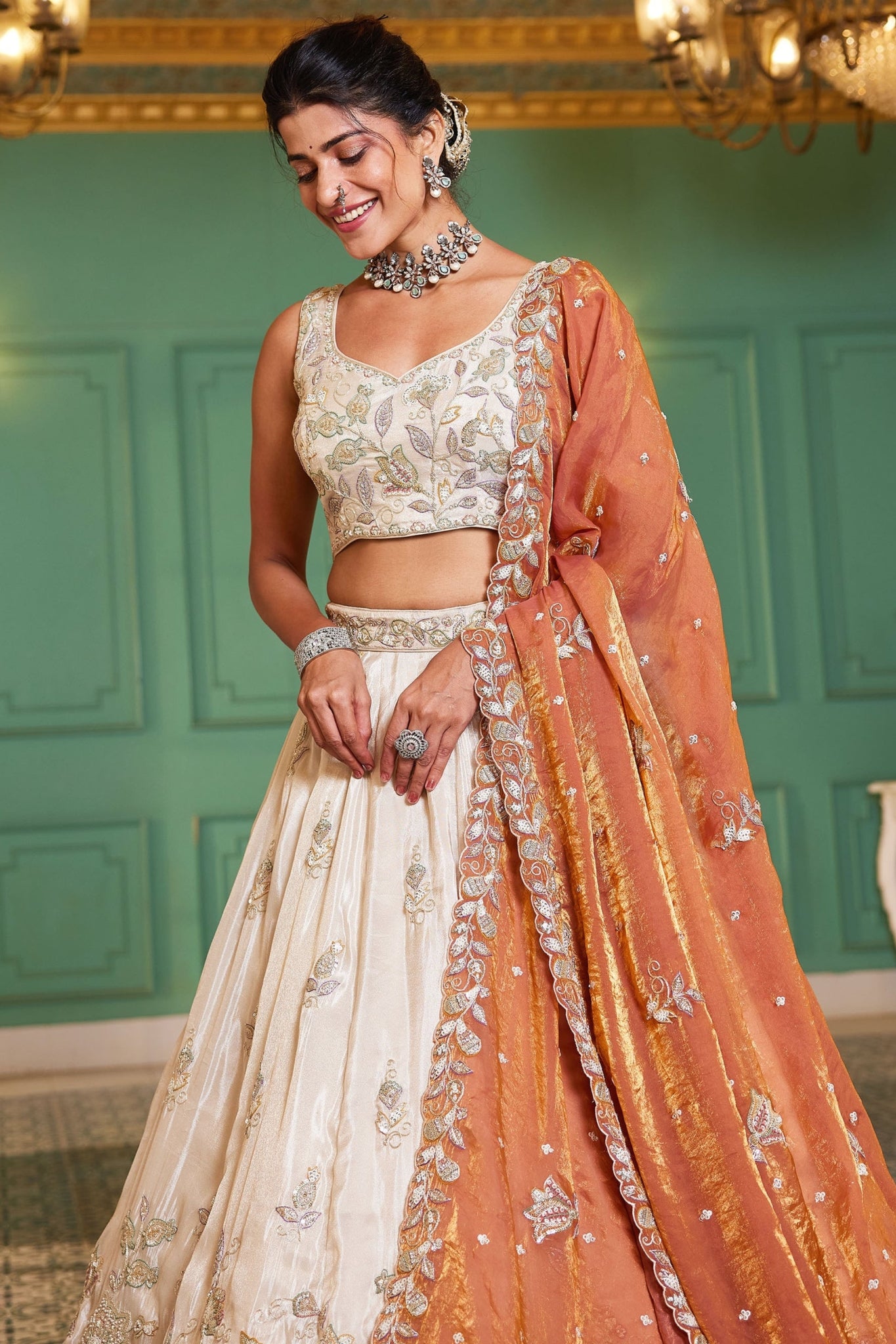 Premium Pure Tissue Ivory Orange Designer Lehenga Choli For Wedding & Festive Wear