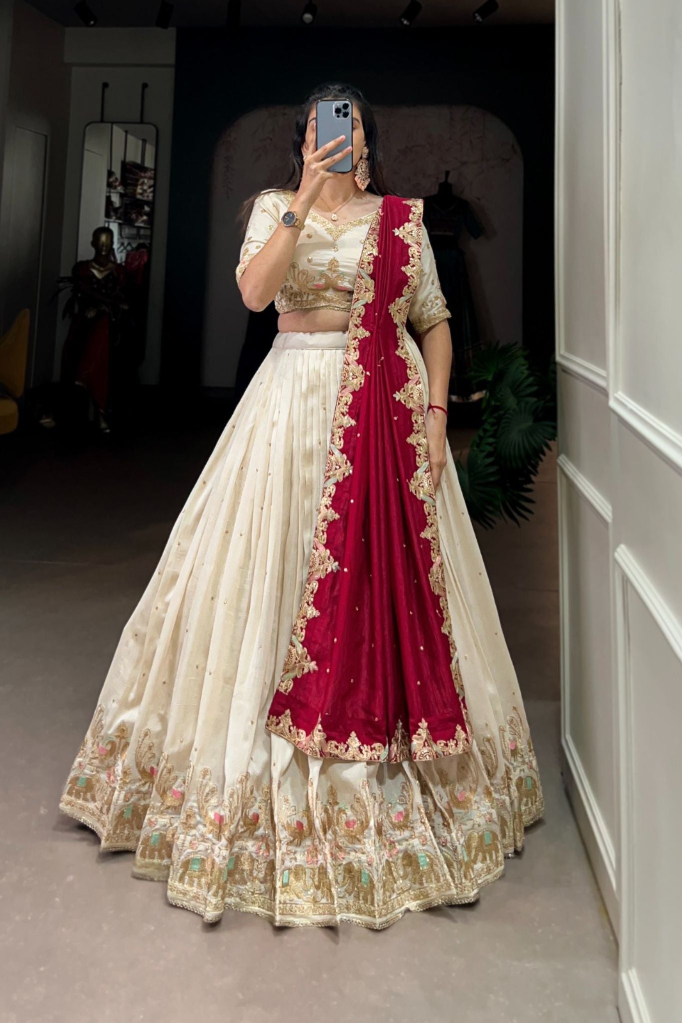 Sequins Thread Embroidery Work Off White Wedding Lehenga Choli