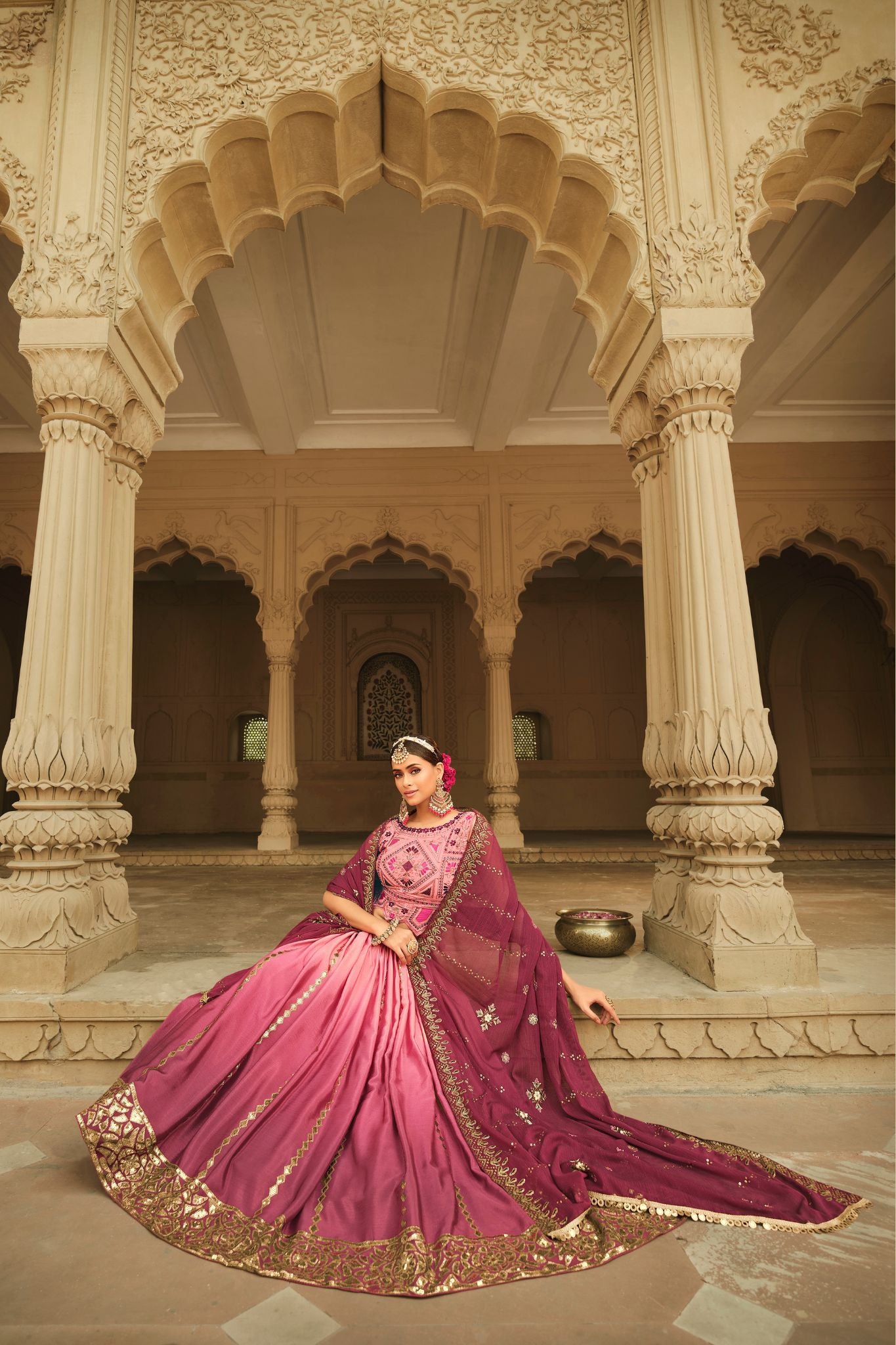 Pink To Magenta Wedding Designer Thread With Sequince Embroidered Work Lehenga