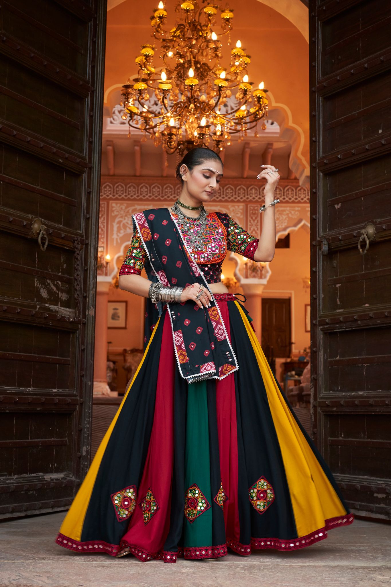 Multi Color Navratri Stylish Embroidery With Mirror Work Lehenga Choli