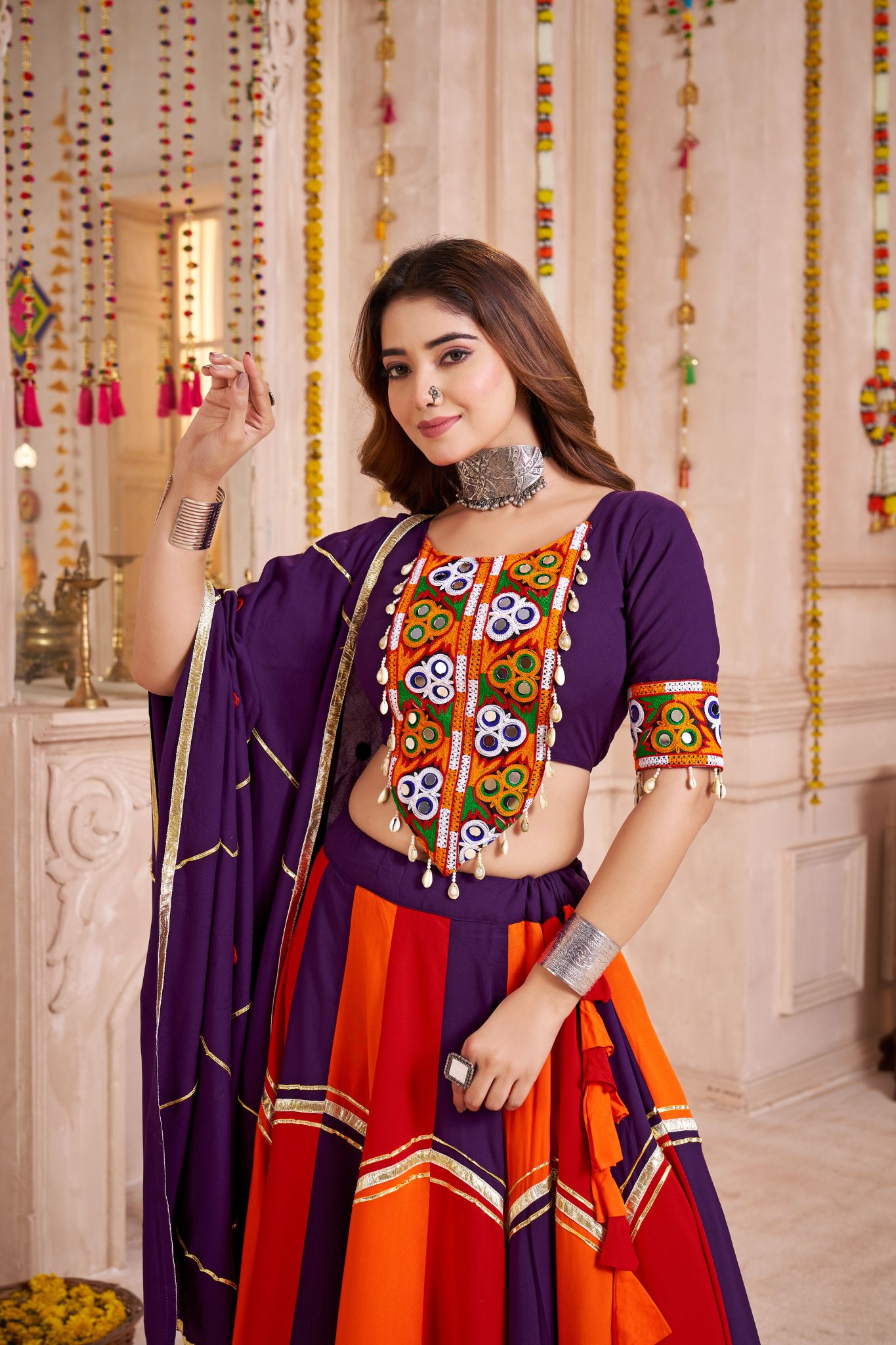 Designer Navratri Lehenga Choli With Handmade Ribbon And Mirror Work Dupatta
