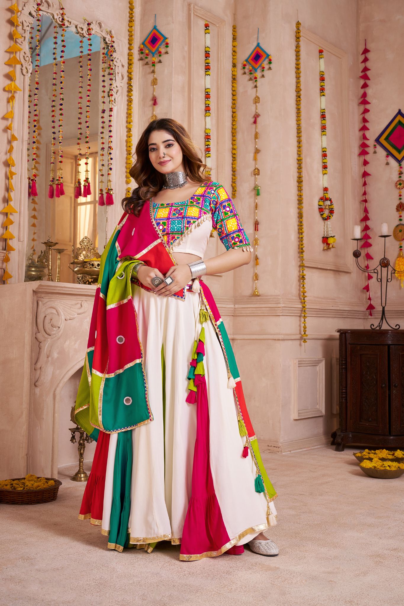 Classic Navratri Lehenga Choli With Handmade Multicolor Patchwork Dupatta