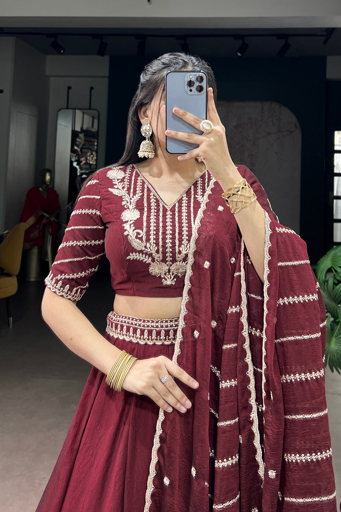 Premium Maroon Rangoli Crush Lehenga Choli Set